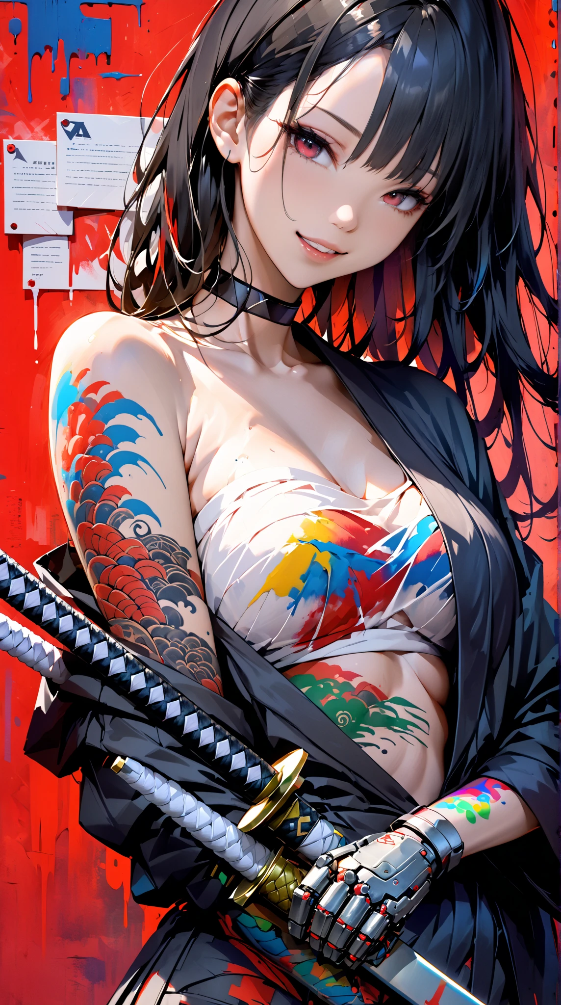 A Japanese woman who kills without blinking at a martial arts gym，barechested，Tattoo exposure，Japan Female Samurai，He was bandaged，angry look，Mixed Korean，The background is blurred out，focal，电影灯光，(((tmasterpiece))), ((best qualtiy)), ((Complex and detailed)), ((ultra-realistic realism)), Ridiculous resolution, A MILF, Mature woman, ssee-through, highly  detailed, illustratio, 1girll, (huge tit), Thin waist and thick hips，long leges，beatiful detailed eyes, short detailed hair, brunette color hair, a purple eye, The movie killed Billy's character，Blood stained the martial arts hall red，The body was splattered with blood，The ground was covered with corpses，Hands clenched into fists，Put on a fighting move，fightingpose，kung fu pose，fights，wrestle，Scarred figure，Bloody violence，Sexy and feminine，（No underwear），pantiess, detailed back ground, perfect  eyes, Seductive eye, looking at viewert，Wear light，