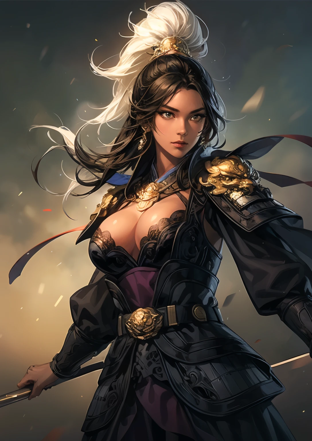 Han Dynasty Scenery 、 Three Kingdoms、 FULL BODY、( top quality ,4K,8k, high resolution,masterpiece:1.2)、VERY DETAILED, high resolution,Hyper HD、 studio lighting 、 Ultra Fine Picture 、 sharp focus 、 physically-based rendering 、 VERY DETAILED explanation、 Professional、 Vivid colors、Traditional Chinese painting techniques 、 atmospheric lighting、 Vivid colors 대비、VERY DETAILED目と顔、 A beautiful, detailed girl 、 Light on the face、young man wearing black 갑옷、(Chinese Armor : 1.2)、Eyes are green , is in perfect shape , (((ung girl )))、 Anatomically Accurate 、 dynamic posture :1.3、 have very rich facial details,calm hair, (( black hair)), black skin, ( big boobs), visible chest bone