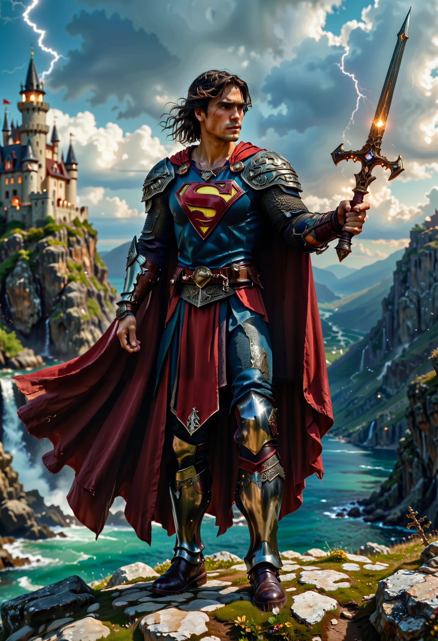 safe_pos, (score_9, score_8_up:1.1), score_7_up, photorealistic, (superman) as a knight in medieval times wearing arm0rs3nt1n3l (dark-metallic-armor) belt, hand up, necklace shoulder armor, gauntlets, pendant, pauldrons, breastplate knights-helmet spikes knight, full armor plate armor, chainmail (nighttime) outside on cliff castle in background lightning flowing cape cowboy-shot low-angle, confident-pose intense-stare, absurdres, masterpiece,, Expressiveh, flux-style ((masterpiece, Highest quality, Best image quality, High resolution, Realistic, RAW Photos, 8k, Highly detailed)) 4lch3my_l4b CyberRealistic_Negative_PONY
