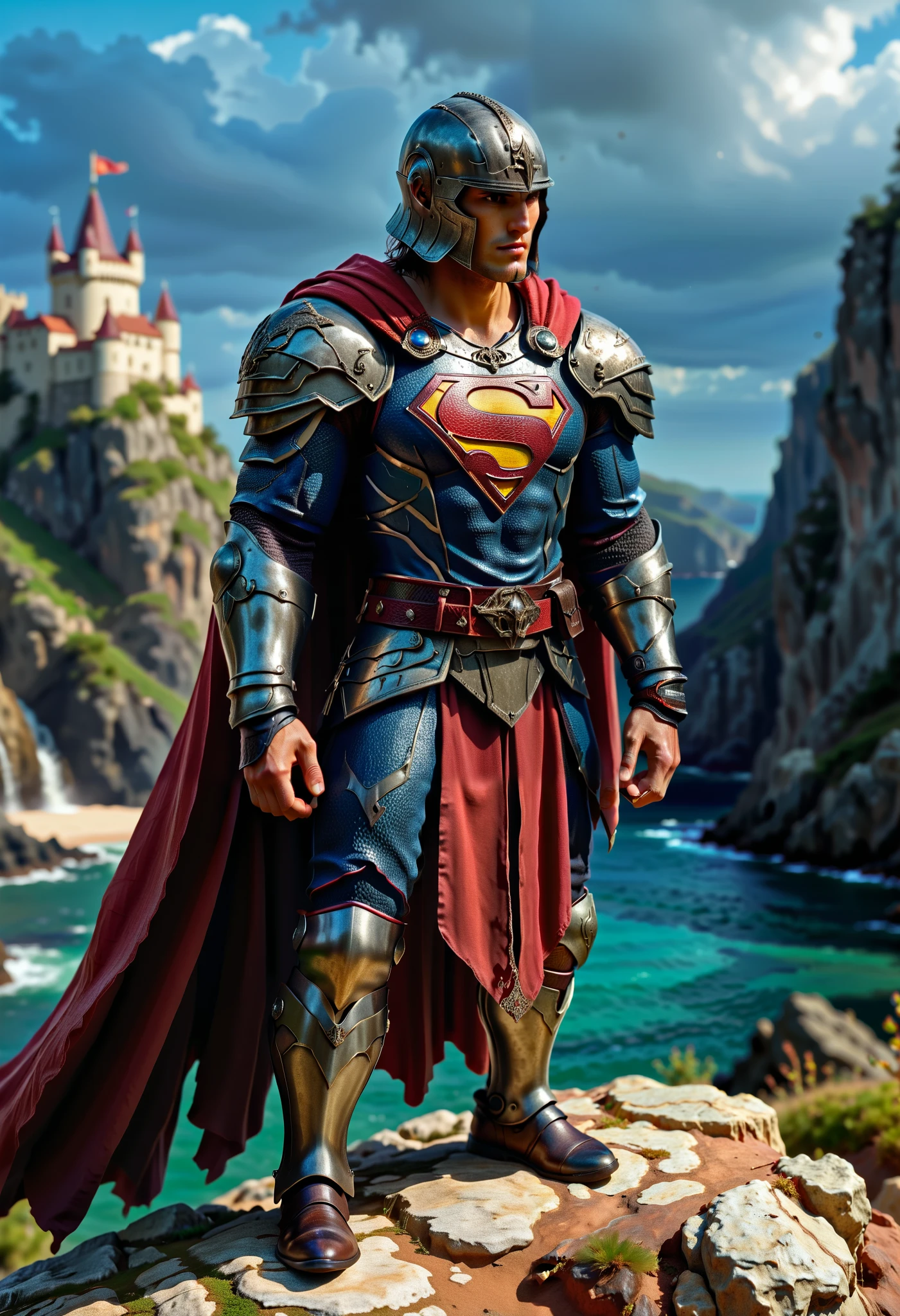 safe_pos, (score_9, score_8_up:1.1), score_7_up, photorealistic, (superman) as a knight in medieval times wearing arm0rs3nt1n3l (dark-metallic-armor) belt, hand up, necklace shoulder armor, gauntlets, pendant, pauldrons, breastplate knights-helmet spikes knight, full armor plate armor, chainmail (nighttime) outside on cliff castle in background lightning flowing cape cowboy-shot low-angle, confident-pose intense-stare, absurdres, masterpiece,, Expressiveh, flux-style ((masterpiece, Highest quality, Best image quality, High resolution, Realistic, RAW Photos, 8k, Highly detailed)) 4lch3my_l4b CyberRealistic_Negative_PONY