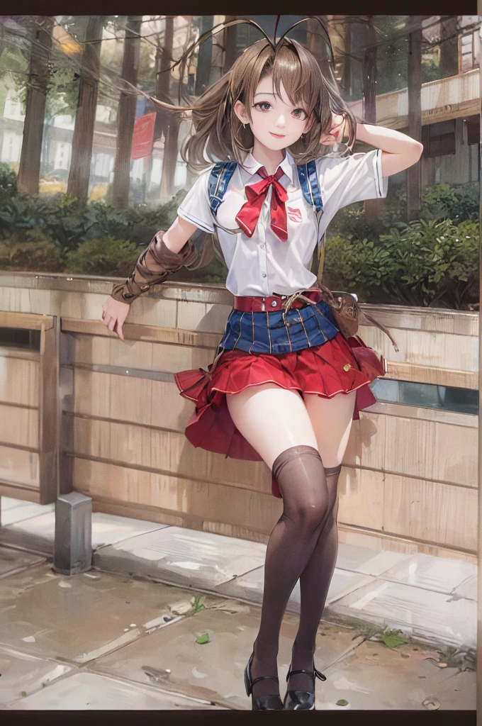 (Masterpiece, highest quality, high resolution, realistic photos, realistic looking skin:1.1),
(A high school girl pulls up her own skirt to show us her panties: 1.8),
(provocative, smirking expression: 1.5),
(She is wearing a navy blue blazer over a white collared shirt from her high school uniform: 1.8),
(She is wearing a gray mini-skirt of her high school uniform: 1.5),
(She is wearing black loafers: 1.5),
(She is wearing navy blue high socks: 1.5),
(Her panties are white lace with a pattern: 1.5),
(She has brown hair in a medium ponytail:1.5),
(Location: high school playground in autumn:1.5),
1 Japanese girl, solo, full bodied esbian, beautiful eyes, glowing eyes, glowing thighs, NSFW