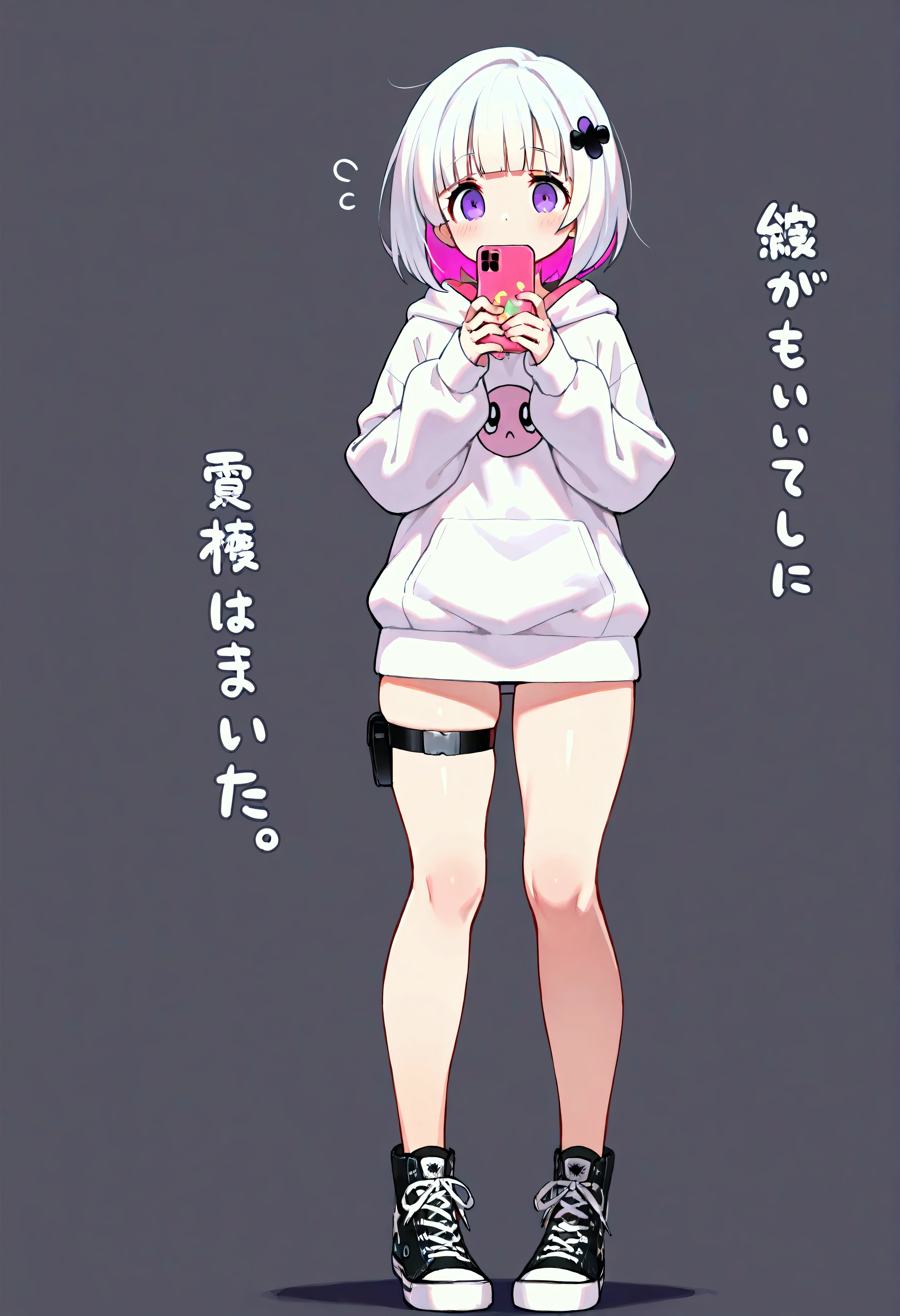 (whole body), he was a femboy, wore a black jacket, in a hoodie, Messy white hair, he was standing, blushing a lot, in a store, we bought a huge dildo, the salesman looked at him with a mischievous face, the femboy was shy and excited looking at the dildo, he was wearing short black shorts and black socks, ele tava in a store de sex toy, looking at the counter and the salesperson, dildo in his hand, in the other hand he pulled the hood to cover his face but failed, the shelves are full of vibrators, dildos and plug, the salesman's dick in front of the femboy dripped semen on the counter