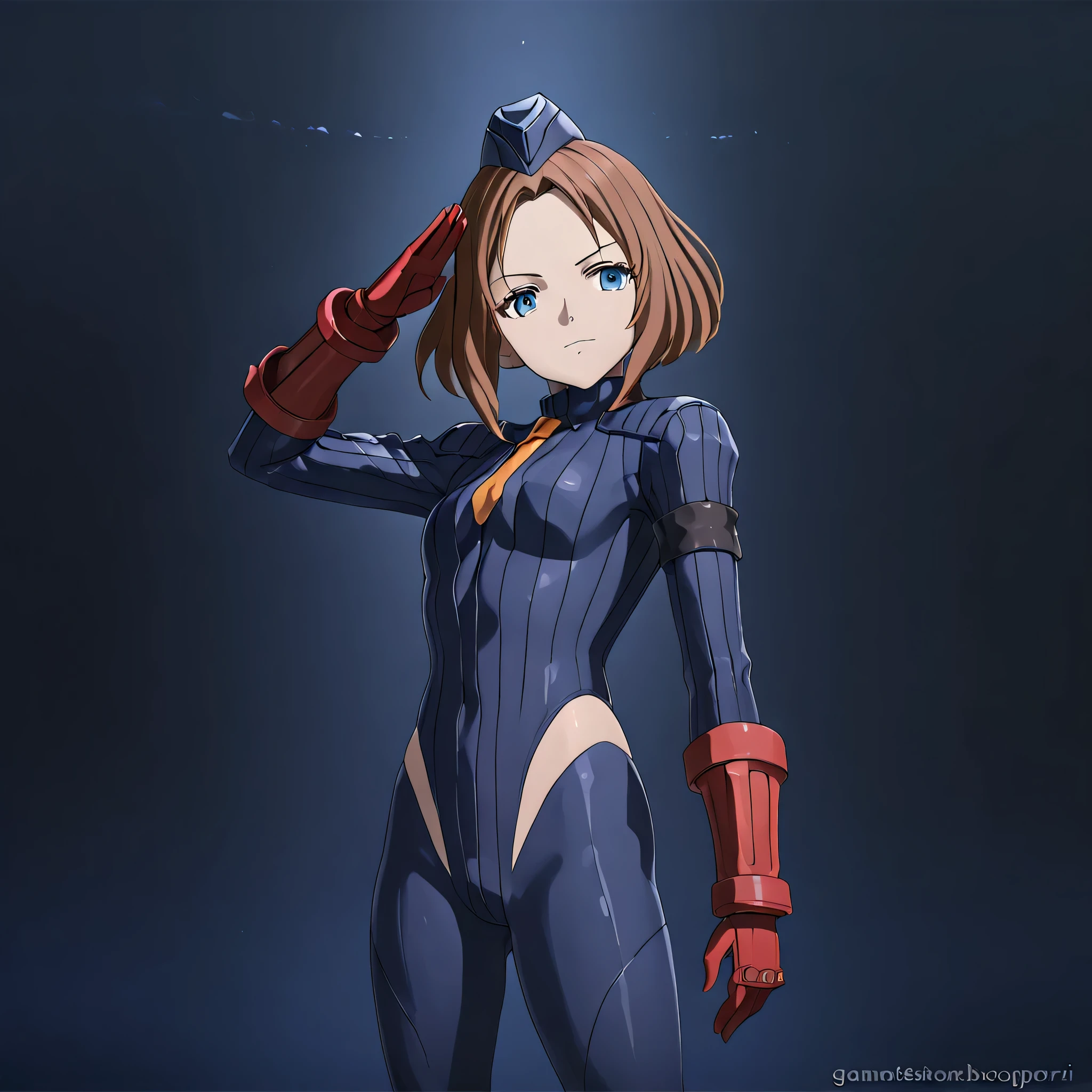 anime, (masterpiece), (best quality), (ultra-detailed), (best illustration), (best shadow), (absurdres), (detailed background), (very aesthetic), shiny, detailed beautiful eyes, outstanding, countershading, detailed soft lighting, an exquisite animation illustration, 1girl, solo, anheang, Dollsuit, thighthigh, dark persona, empty eyes, expressionless, blank eyes, looking at viewer, red gloves, full body, emotionless, Fighting Stance, hair ornament, EMIKO MELCHIORRI, GAMERA REBIRTH, SHORT HAIR, LIGHT BROWN HAIR, BLUE EYES, salute, saluting, (((monster background, apocalyptic background)))