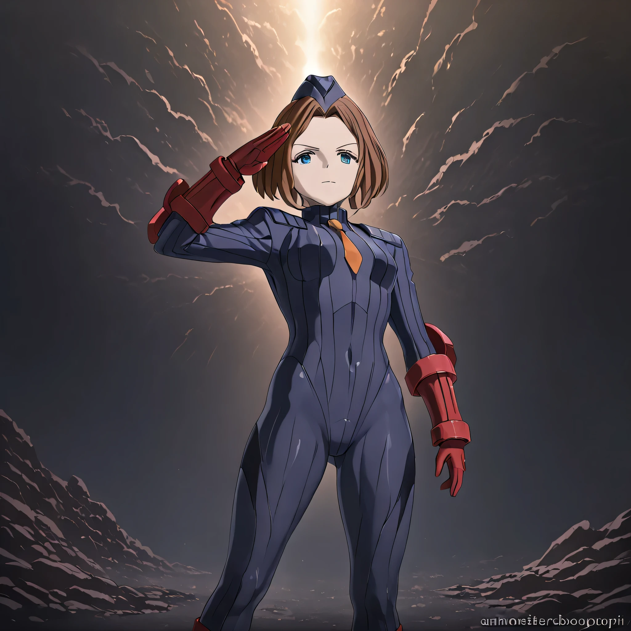 anime, (masterpiece), (best quality), (ultra-detailed), (best illustration), (best shadow), (absurdres), (detailed background), (very aesthetic), shiny, detailed beautiful eyes, outstanding, countershading, detailed soft lighting, an exquisite animation illustration, 1girl, solo, anheang, Dollsuit, thighthigh, dark persona, empty eyes, expressionless, blank eyes, looking at viewer, red gloves, full body, emotionless, Fighting Stance, hair ornament, EMIKO MELCHIORRI, GAMERA REBIRTH, SHORT HAIR, LIGHT BROWN HAIR, BLUE EYES, salute, saluting, (((monster background, apocalyptic background)))