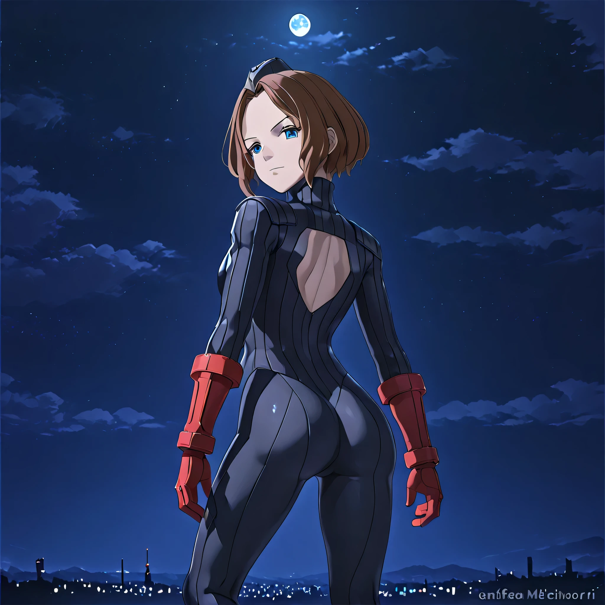 anime, (masterpiece), (best quality), (ultra-detailed), (best illustration), (best shadow), (absurdres), (detailed background), (very aesthetic), shiny, detailed beautiful eyes, outstanding, countershading, detailed soft lighting, an exquisite animation illustration, 1girl, solo, anheang, Dollsuit, thighthigh, dark persona, empty eyes, expressionless, blank eyes, looking at viewer, red gloves, full body, emotionless, Fighting Stance, hair ornament, EMIKO MELCHIORRI, GAMERA REBIRTH, SHORT HAIR, LIGHT BROWN HAIR, BLUE EYES, (((ass, looking from back, from back, from behind, view from back, night background, moon background, apocalyptic background)))