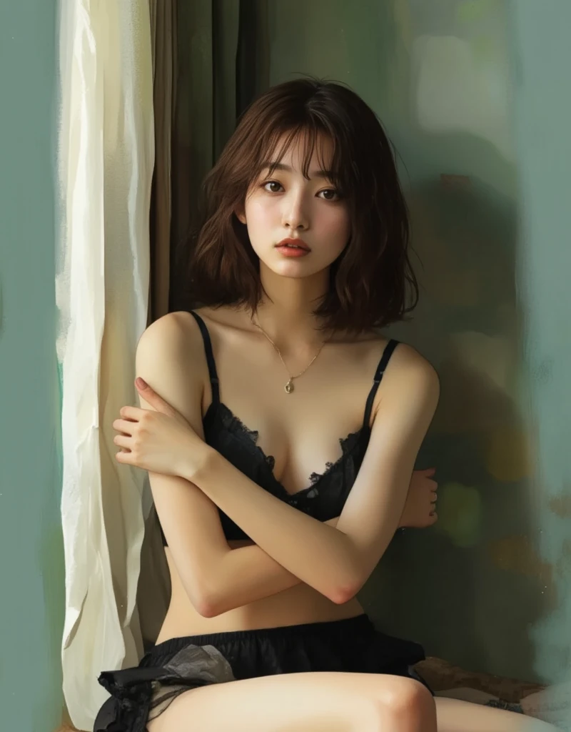 (Highest quality:1.4),(masterpiece:1.4),(Realistic:1.4),(Realistic:1.2),(超High resolution, RAW Photos:1.4),(High resolution, Very detailed:1.2),(8K:1.2),Cinematography,a photo of a dark-haired,Her hairstyle is a short bob with bangs...,One Girl,alone,(In underwear),((Upper Body:1.3))