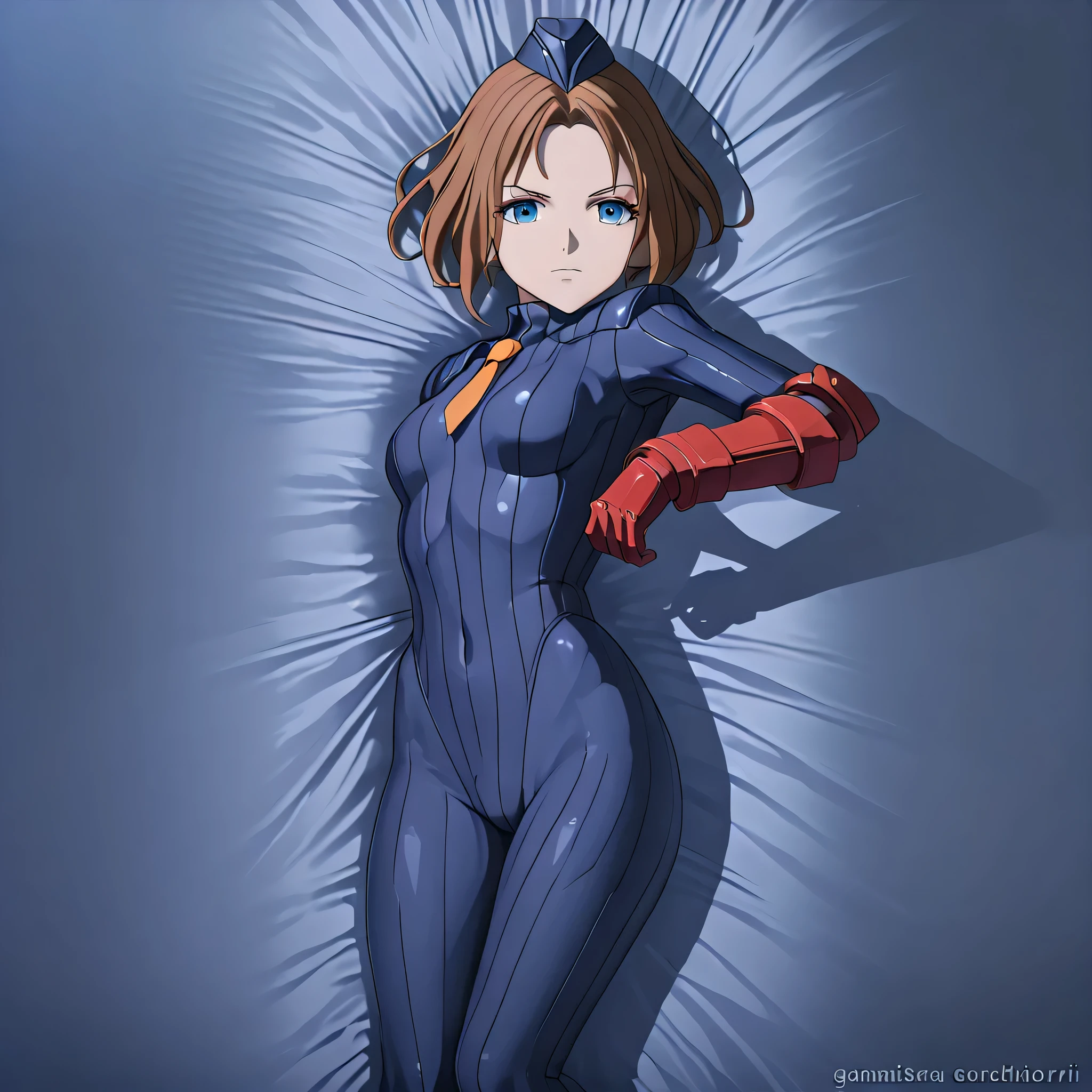 anime, (masterpiece), (best quality), (ultra-detailed), (best illustration), (best shadow), (absurdres), (detailed background), (very aesthetic), shiny, detailed beautiful eyes, outstanding, countershading, detailed soft lighting, an exquisite animation illustration, 1girl, solo, anheang, Dollsuit, thighthigh, dark persona, empty eyes, expressionless, blank eyes, looking at viewer, red gloves, full body, emotionless, Fighting Stance, hair ornament, EMIKO MELCHIORRI, GAMERA REBIRTH, SHORT HAIR, LIGHT BROWN HAIR, BLUE EYES, (((lying down on bed, lying down, bed, seductive pose, submissive pose, apocalyptic background)))