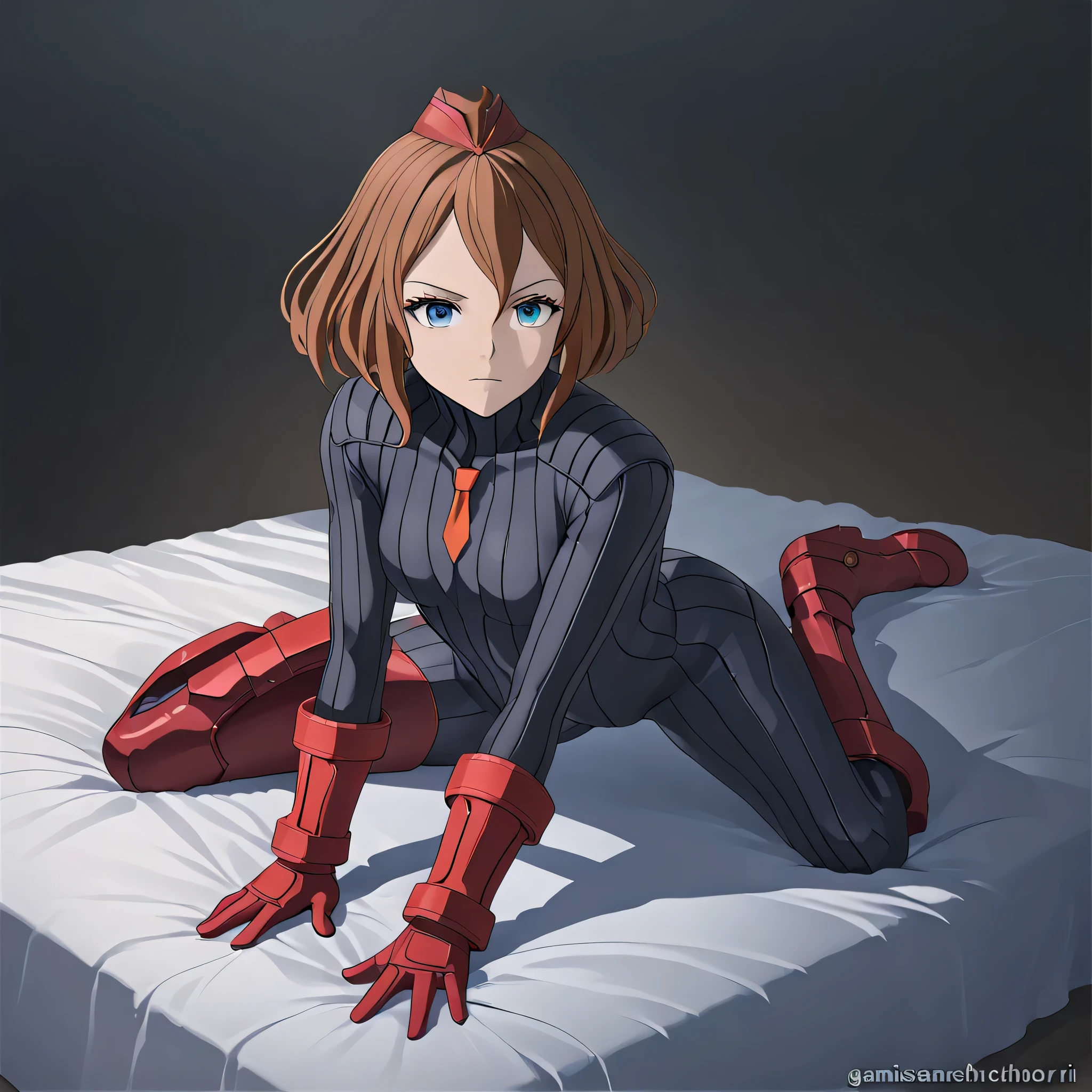 anime, (masterpiece), (best quality), (ultra-detailed), (best illustration), (best shadow), (absurdres), (detailed background), (very aesthetic), shiny, detailed beautiful eyes, outstanding, countershading, detailed soft lighting, an exquisite animation illustration, 1girl, solo, anheang, Dollsuit, thighthigh, dark persona, empty eyes, expressionless, blank eyes, looking at viewer, red gloves, full body, emotionless, Fighting Stance, hair ornament, EMIKO MELCHIORRI, GAMERA REBIRTH, SHORT HAIR, LIGHT BROWN HAIR, BLUE EYES, (((lying down on bed, lying down, bed, seductive pose, submissive pose, apocalyptic background)))