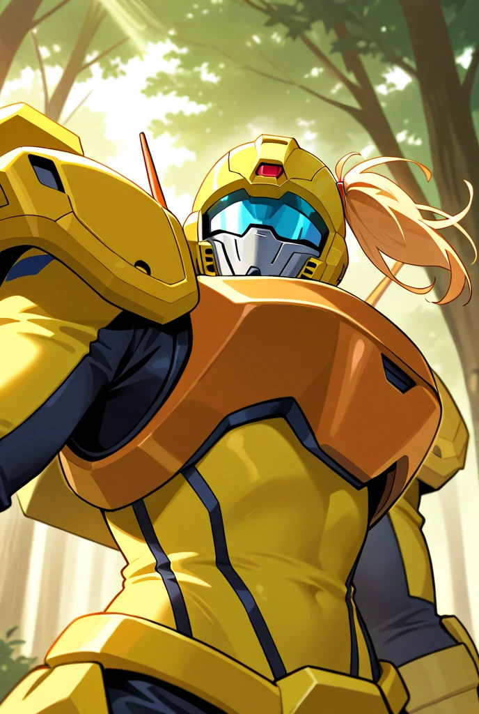 pale color、Art Line, high resolution、in detail、 side ponytail , Yellow battle suit, Armor, cena; forest