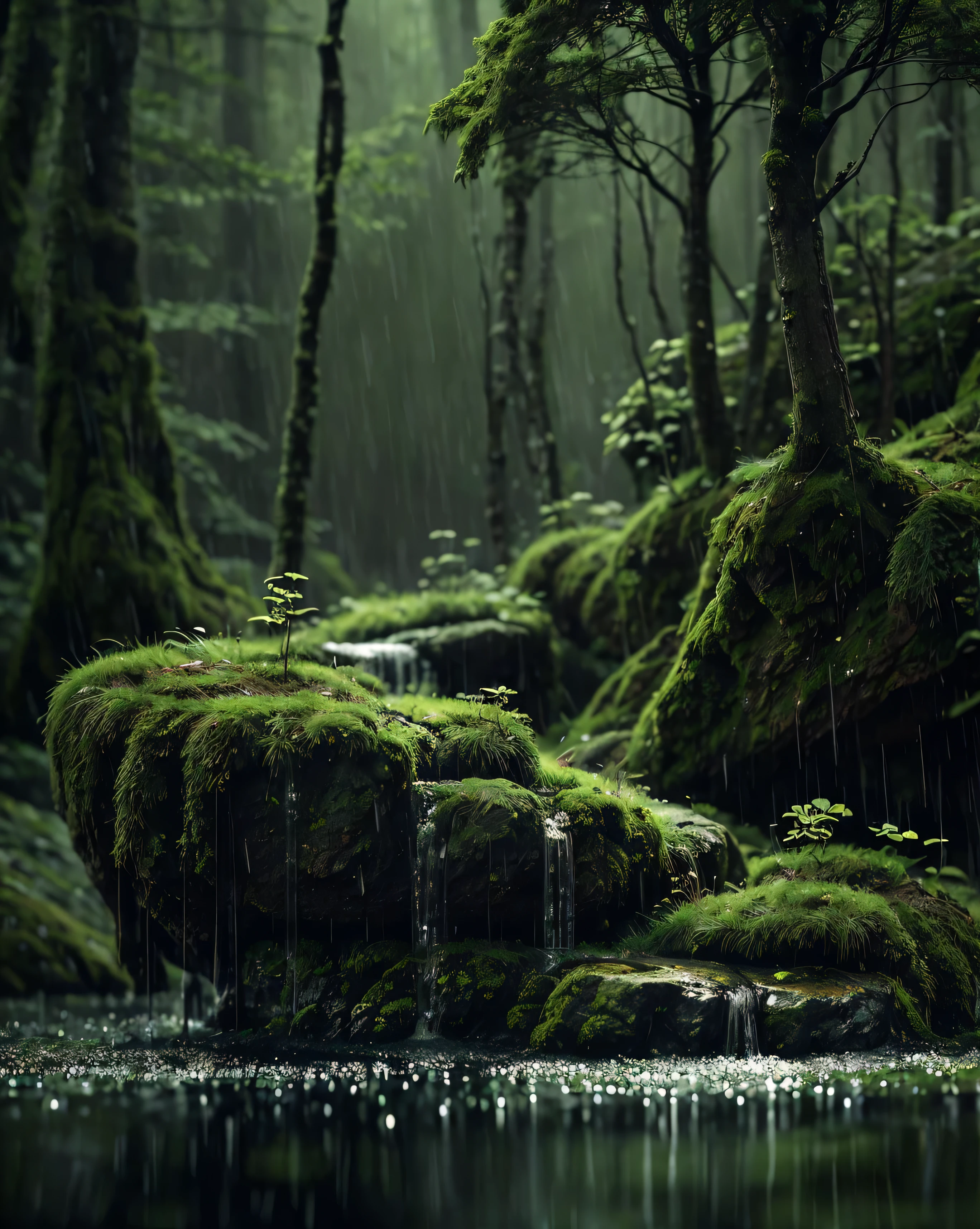 A quiet little forest , without a trace of man . Thin rain falls drenching the foliage , leaving a damp glow in over the moss that envelops the boulders . The air feels cool and fresh , with the scent of wet earth merging with the gentle gusts of wind . In the distance , a faint towering mountain , shrouded in thin mist dancing among the trees . The slightly blurry foreground adds depth , as if inviting to go further into the green silence full of mystery.