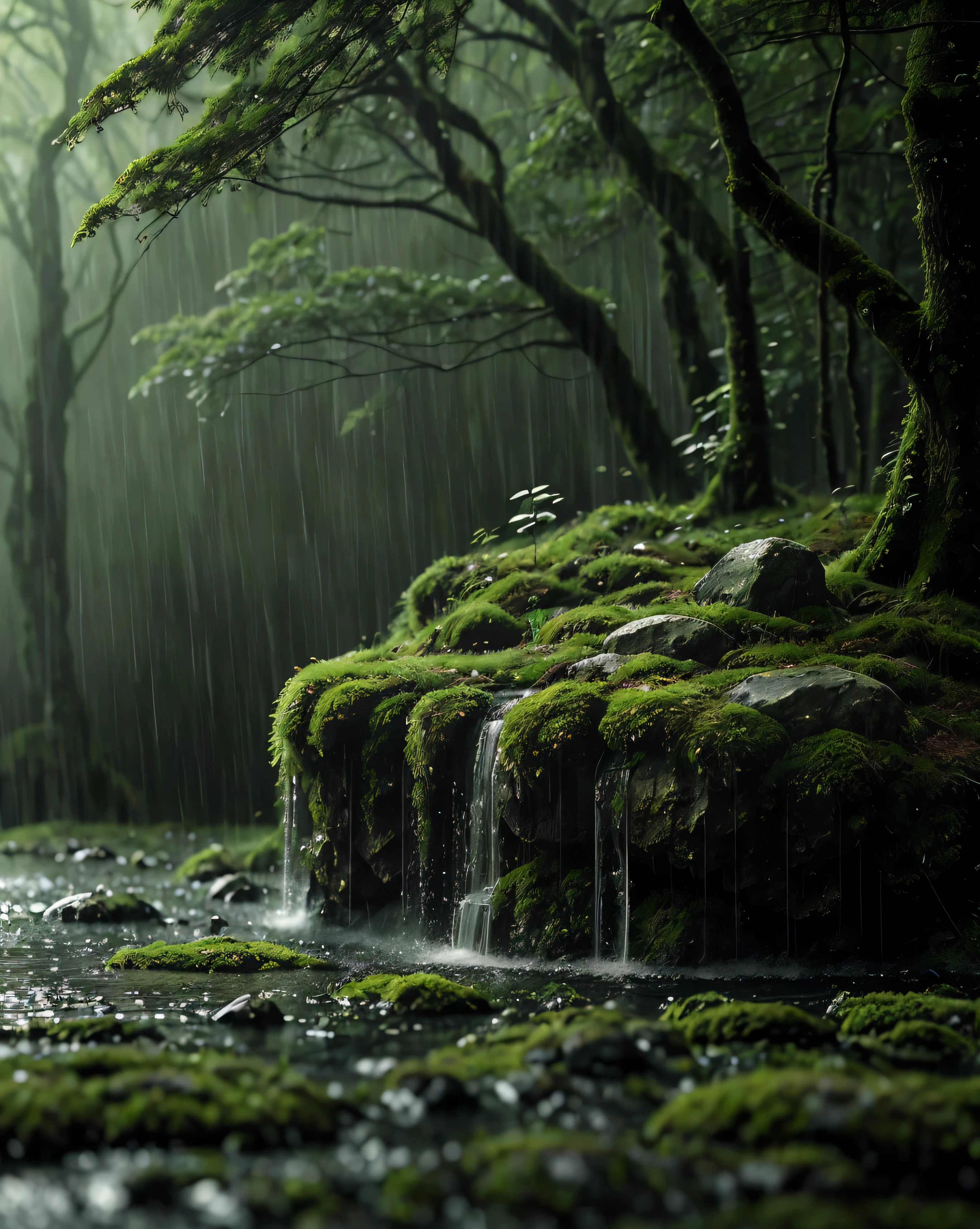 A quiet little forest , without a trace of man . Thin rain falls drenching the foliage , leaving a damp glow in over the moss that envelops the boulders . The air feels cool and fresh , with the scent of wet earth merging with the gentle gusts of wind . In the distance , a faint towering mountain , shrouded in thin mist dancing among the trees . The slightly blurry foreground adds depth , as if inviting to go further into the green silence full of mystery.