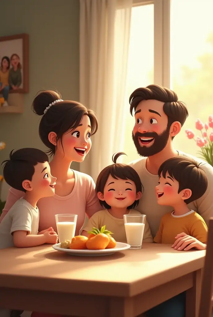 Now a happy family sitting at a table with milk 