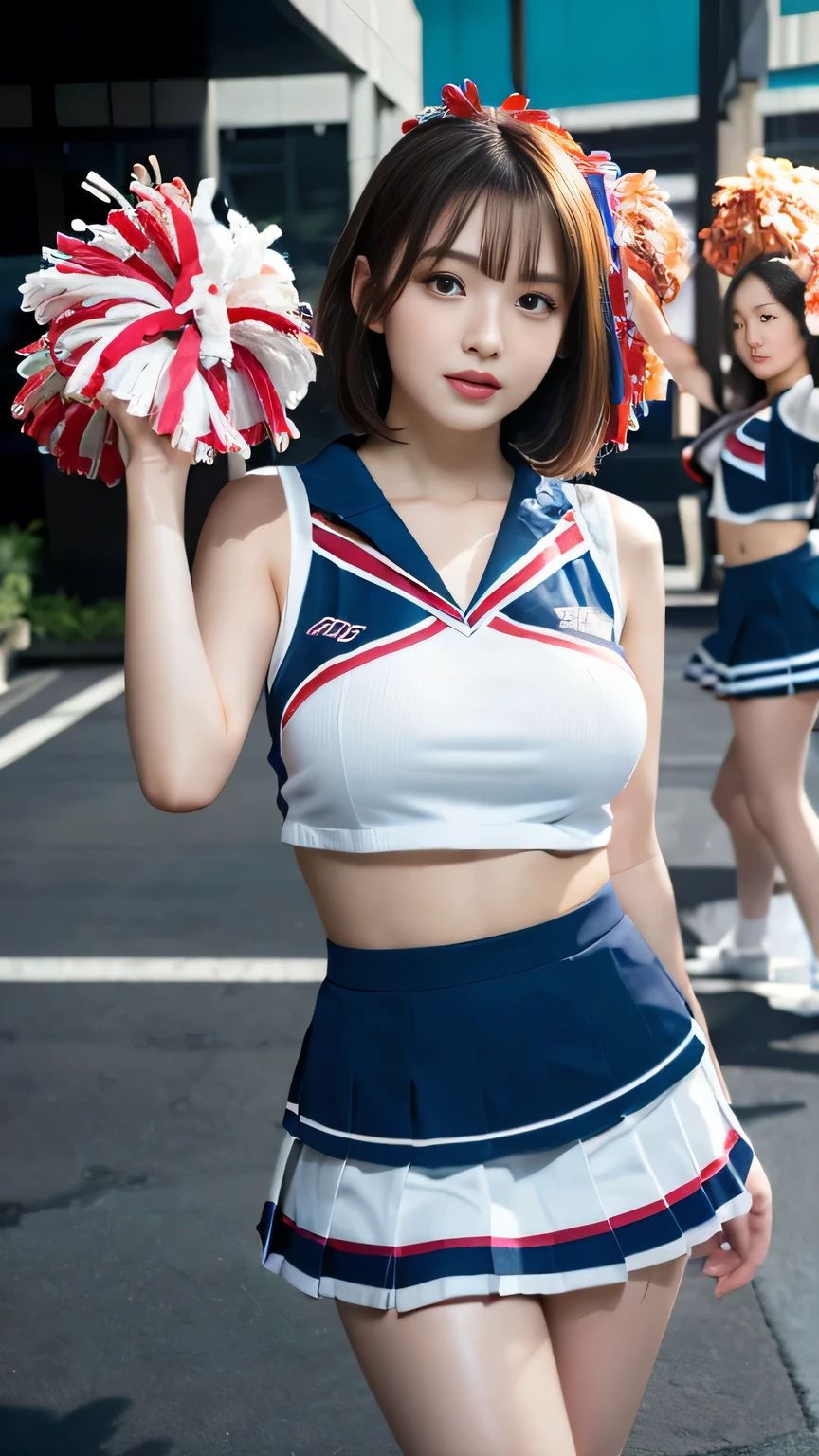 (((Draw only one woman：2)))、((Cheerleaders dancing at the basketball venue:1.5))、((She wears an elaborately designed cheerleader costume.：1.8))、beautiful 16 year old woman、((1 screen))、8K、RAW shot、highest quality photos、masterpiece、nice realistic pictures、(( anatomically correct proportions : 1.5))、((perfect proportions))、((A cute woman who looks like a beautiful Japanese idol))、((small head))、detailed face、detailed eyes、narrow nose、(detailed fingers: 1.2)、detailed arms、detailed skin、detailed legs、(slim style)、((thin waist))、(Medium udder)、(Cheerleader costume with elaborate tank top design:1.5)、(sweaty body:1.2)、(sweaty hair:1.2)、(Cheerleader costume with bold design that shines when wet:1.3)、((Holding pom-poms in both hands:1.5))