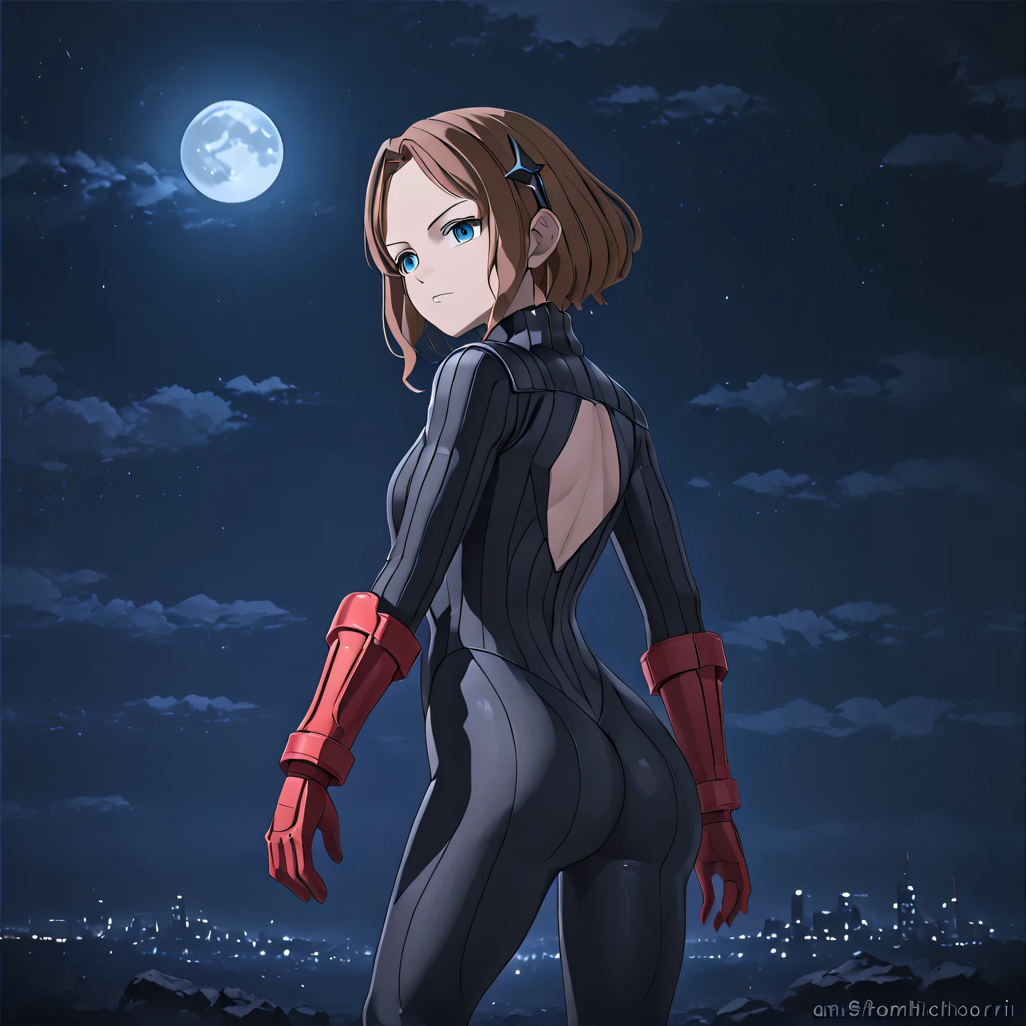 anime, (masterpiece), (best quality), (ultra-detailed), (best illustration), (best shadow), (absurdres), (detailed background), (very aesthetic), shiny, detailed beautiful eyes, outstanding, countershading, detailed soft lighting, an exquisite animation illustration, 1girl, solo, anheang, Dollsuit, thighthigh, dark persona, empty eyes, expressionless, blank eyes, looking at viewer, red gloves, full body, emotionless, Fighting Stance, hair ornament, EMIKO MELCHIORRI, GAMERA REBIRTH, SHORT HAIR, LIGHT BROWN HAIR, BLUE EYES, (((ass, looking from side, from side, view from side, night background, moon background, apocalyptic background, seductive pose, submissive pose)))