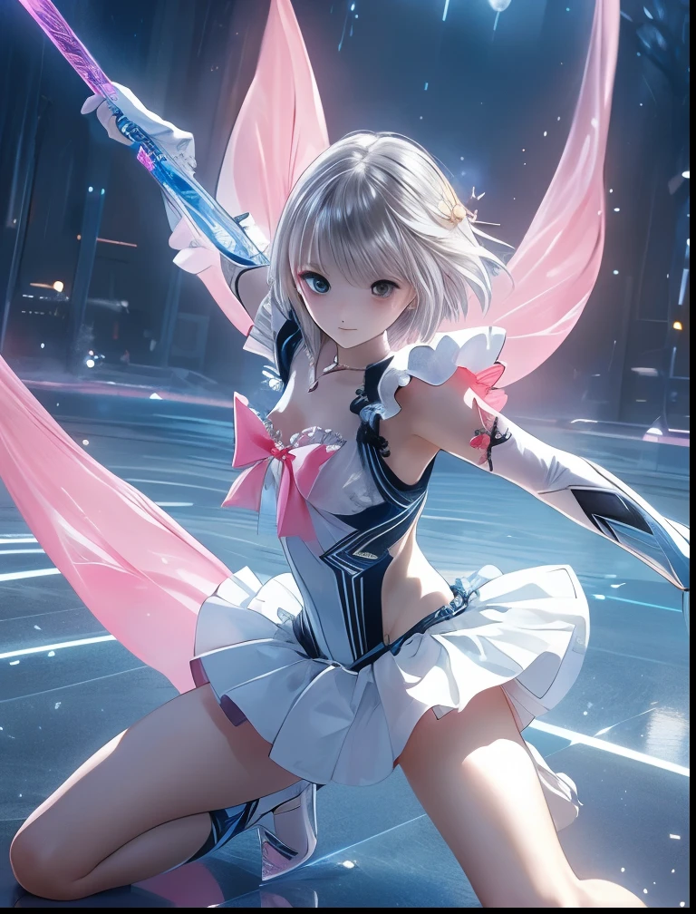(((SFW、Accuracy、Highest quality、 A first-class masterpiece 、 Normal body 、32K、 detailed face 、 super precision 、 Normal Hands 、5 fingers、Highest、3d)))、" BLUEREFLECTION"、Hinako Shirai、 hinako、Silver-white hair、 bob cut、Heterochromia(Blue and Black)、 odd-eye(Blue and Black)、Transformation Magical Girl、Reflector、 short、Big Breasts、 slender、 slim、, Ultra Thin, Transparent Nipples, Transparent, White, Pink, High Leg Ballet Clothes、 transparent ultra-thin transparent white pink miniskirt、Crystal Sword 、 with a sword、Sword Dance、A dignified smile、Hold a sword and spread your legs wide and dance brilliantly、Hold a sword, raise your legs, open your legs, sexy jump slash 、AheadVSquare Open Legs, Double Handed High Leg Slash