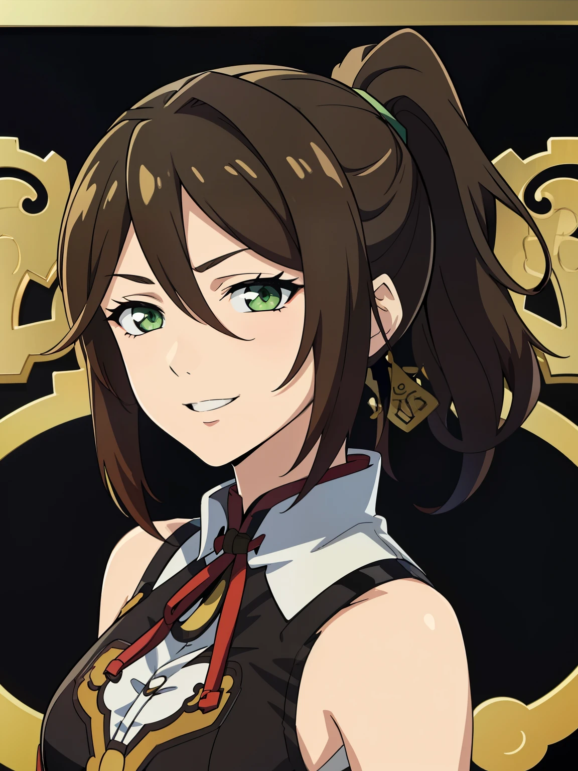 (high-quality, breathtaking),(expressive eyes, perfect face) 1girl, female, solo, brown hair, medium hair length, green eyes, cute smile, positive expresion, Gundam artstyle, black background, portrait, symmetrical eyes, chinese traditional dress, sleeveless, ponytail