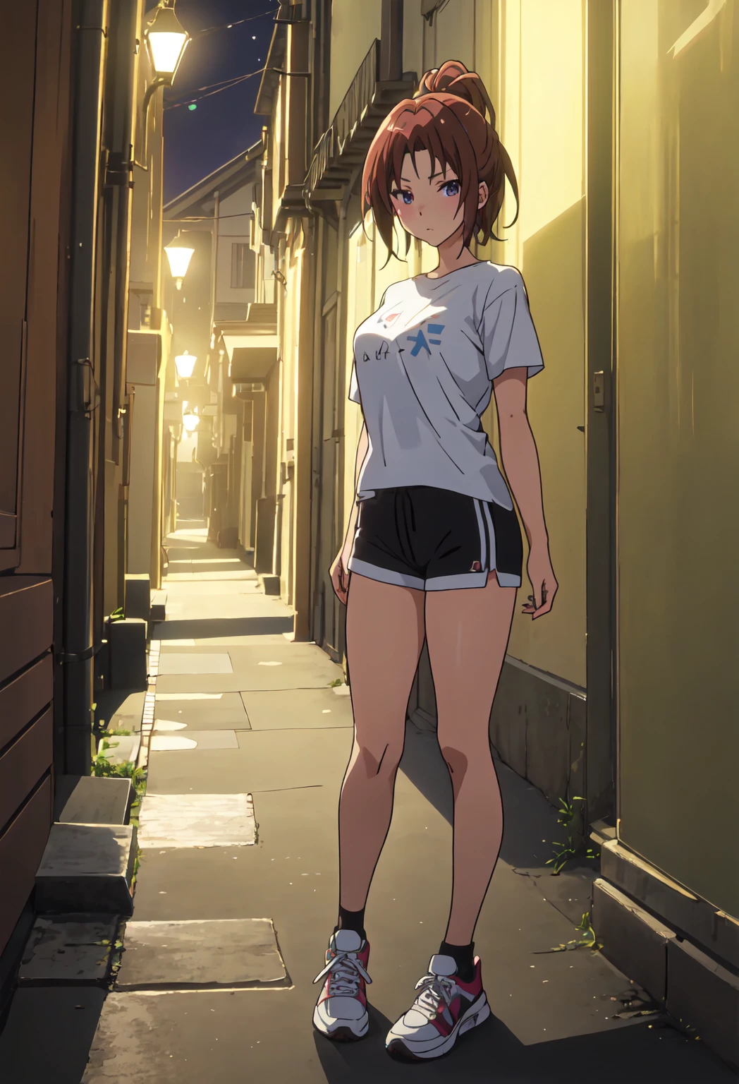 Highest quality:1.5, High resolution, uhd, 4K, Detailed lighting, Shaders), NSFW Misaka Mikoto,short hair Brown Hair Brown eyes Cool face ((Black latex shorts))++ Sports bra with a small area Realistic sun rays Beautiful park