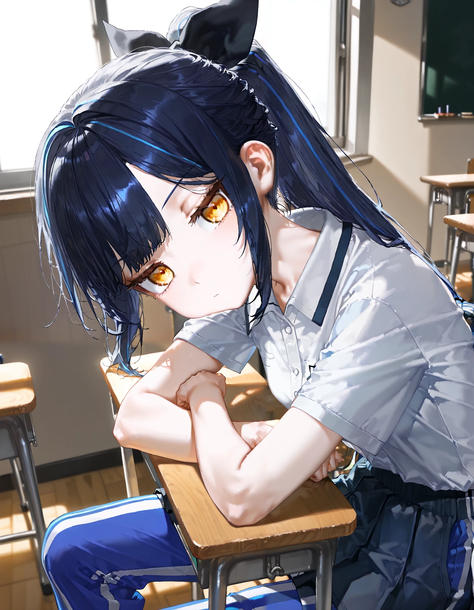 masterpiece, best quality, absurdres, very aestetic, (artist:wagashi (dagashiya)), artist:healthyman, artist:mameojitan, artist:mx2j, artist:quasarcake, from side, desk, ((1girl)), sitting, on chair, wooden desk, classroom, wooden chair, arm rest, white shirt, short sleeves, collared shirt, jitome, black skirt, miniskirt, (((black skirt, track pants, blue pants, striped pants, pants under skirt))), outstretched legs, legs apart, head tilt, looking at viewer, arms on table, facing viewer, window shadow,Yellow eyes, dark blue hair, sidelocks, blue streaked hair, long hair, high ponytail, hair bow, black bow,