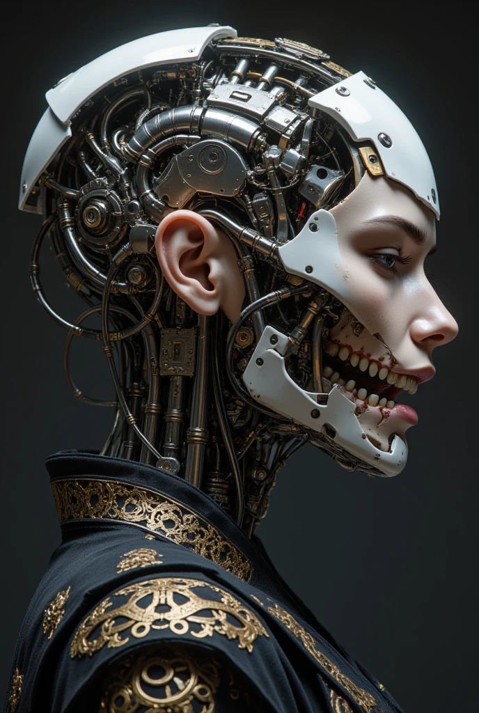 A detailed portrait of a cyborg woman in profile, her face partially exposed, under the skin, the exoskeleton of the skull and cervical spine is visible. The connections of incredibly complex micromotors and servos responsible for the movements of facial muscles and the expression of emotions are visible with the bones and muscles of the skull. She has a ferocious expression on her face, and her teeth are bared, the whole lower jaw is a continuous symbiosis of organics with mechanics. She is dressed in dark, ornate kimono-style clothing. The background is simple, dark gray. High detail, 8k resolution, cinematic lighting, hyperrealism - all this is trending on artstation