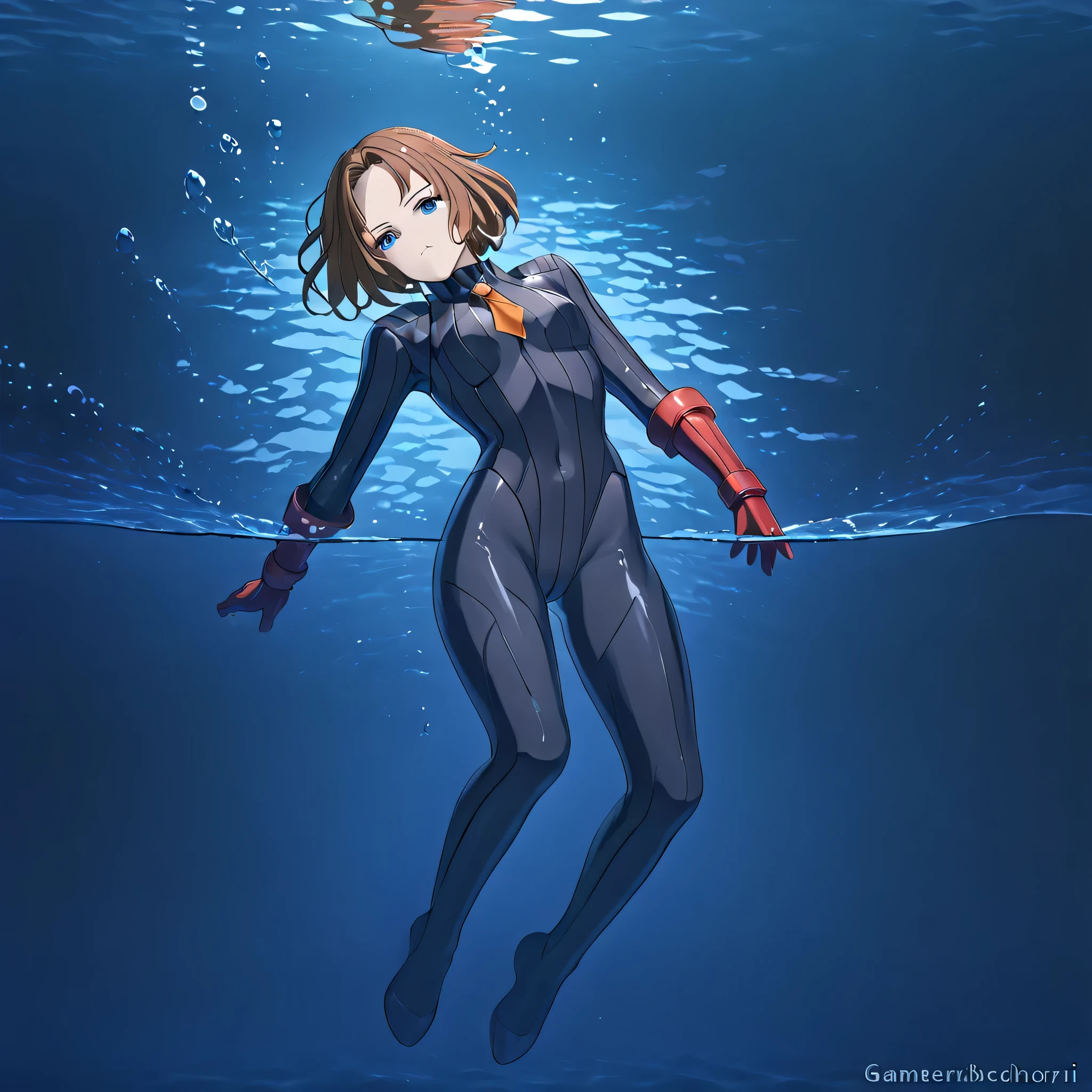 anime, (masterpiece), (best quality), (ultra-detailed), (best illustration), (best shadow), (absurdres), (detailed background), (very aesthetic), shiny, detailed beautiful eyes, outstanding, countershading, detailed soft lighting, an exquisite animation illustration, 1girl, solo, anheang, Dollsuit, thighthigh, dark persona, empty eyes, expressionless, blank eyes, looking at viewer, red gloves, full body, emotionless, Fighting Stance, hair ornament, EMIKO MELCHIORRI, GAMERA REBIRTH, SHORT HAIR, LIGHT BROWN HAIR, BLUE EYES, (((lying down on water, submerged, water background, lying down, seductive pose, submissive pose)))