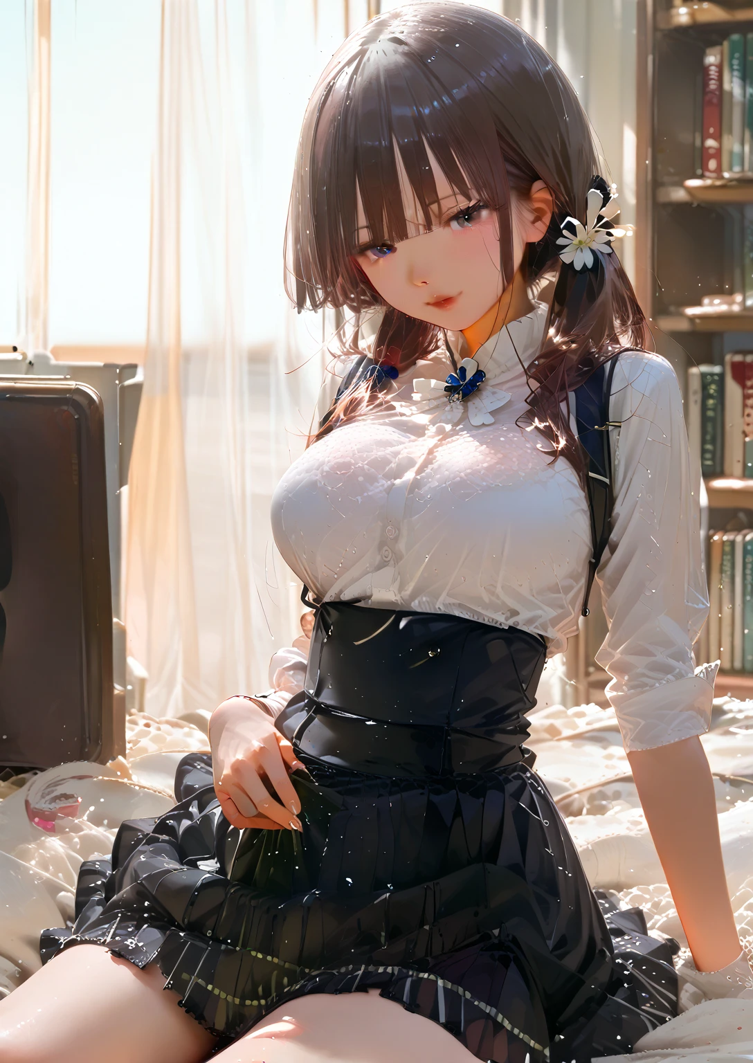 ((8k, RAW photo, highest quality, masterpiece), High detail RAW color photo professional close-up photo, (realistic, photo realism:1. 37), (highest quality), (best shadow), (best illustration), collarbone ((large breasts)), ((erotic, sexy, ultra high resolution, highly detailed CG unified 8K wallpapers, physics-based rendering, cinematic lighting), (aegyo sal:1), a 18 years old girl in camisole, ((half white lab coat outside)), (plaid pleated skirt:1.2), indoors, breasts out, (cleavage:1.2), beautiful detailed eyes, light on face, ((full body shot:1.2)), Particularly strong light, Feminine Expressions, (black silk stockings with garter belt, thick thighs), ulzzang-6500-v1.1:0.2, shy, (flush:1.2), nsfw, China, (twintails:1.2), (puffy, ((seductive posture:1.2, alluring:1.2)), (kpop idol), ((choker)), (hair band), hair ornament, ((lying on a bed)), ((good anatomy:1.2)), ((lying on a bed)), in a tidy bedroom, (cross legs)