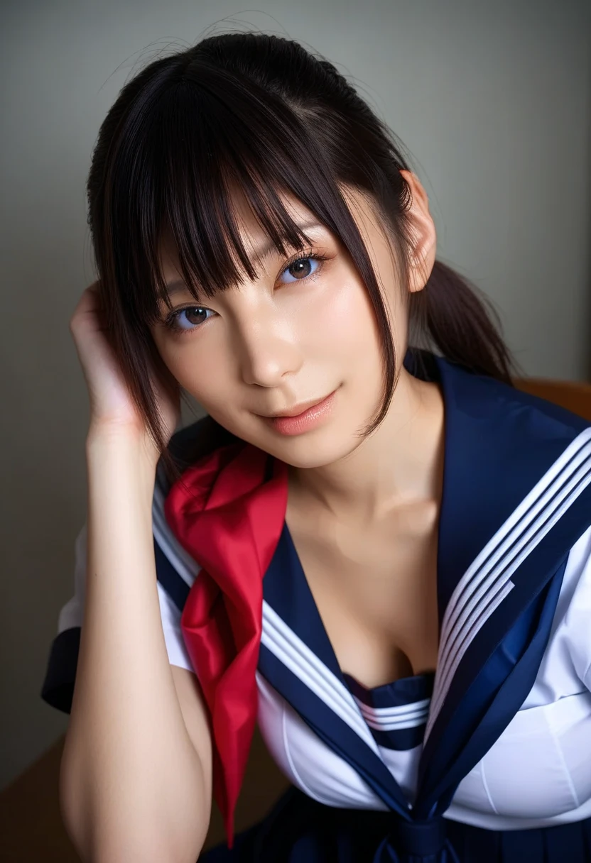(One Girl), ((Very cute face)), Great face and eyes, (Highly detailed eyes, Highly detailed face), Fresh, Very beautiful appearance, (Ultra-realistic, High resolution), (highest quality:1.4), RAW Photos, (Realistic, Realistic:1.37), Professional photography , (see-through sailor uniform:1.1) , Smile a little, (look at me) , Portrait of a Girl , (gigantic breasts:1.3) , ((())) , ((junior high school student)), (light brown short hair:0.9) , (wavy hair:1.3) , (Nipples visible through sailor uniform:1.3) , (Please tilt your head a little) , Perfect nipples , ((Nipples are light pink )) , ((light pink areola)) , (sweating cleavage:1.2) , (cum on her breasts ) , (small nipples) , (upper body) , (lying down on the bed:1.3) , (young face:1.3) , (little girl:your back:1.4) , (young face:1.7) , (bare breasts:1.5) , (naked:1.3) , (bed on the back:1.3) , (braided hair:1.2)