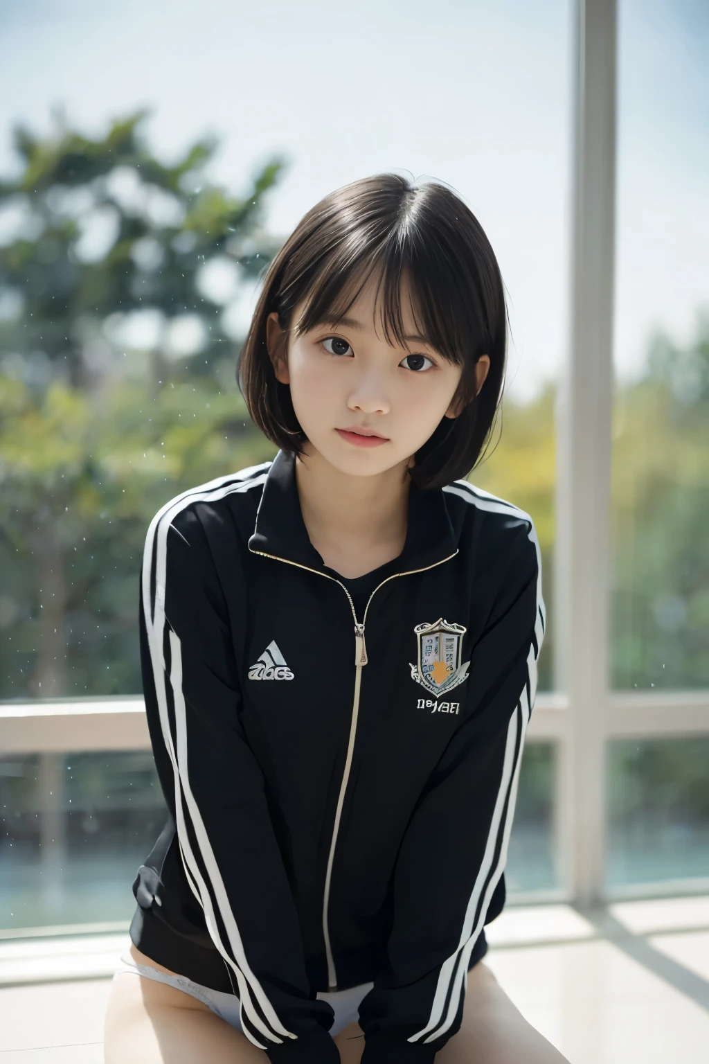 masterpiece, highest quality, 8K, (ars old:1.3) , RAW photo, disorganized, award-winning portraits, alone, noon, idol face, delicate face, Digital single-lens reflex camera, looking at the viewer, (shy face:1.3)、shame、(flushed cheeks:1.2)、thin arms, small breasts, nipples, small ass、thin waist、Frank, Sophisticated, like々New, thin arms, professional lighting, film grain, black eyes, chromatic aberration, (detailed eyes and face:1.0), (Bokeh:1.1),(hyper pretty face:1.3),(medium black hair,short bob:1.4),(school tracksuits:1.3),(white panties:1.3),cute butt, above the knee, angle from front, in the school gymnasium