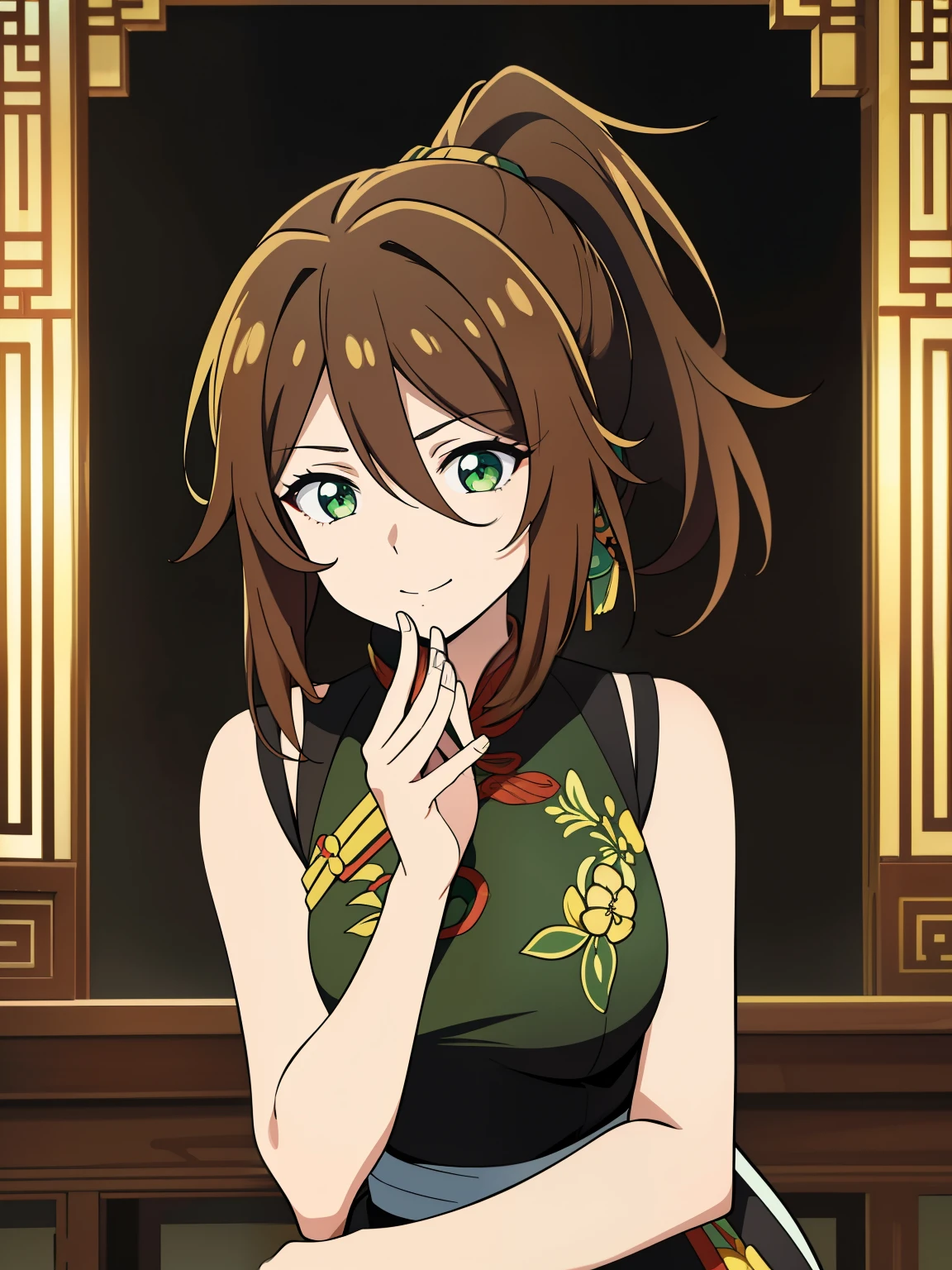 (high-quality, breathtaking),(expressive eyes, perfect face) 1girl, female, solo, brown hair, medium hair length, green eyes, cute smile, positive expresion, Gundam artstyle, black background, portrait, symmetrical eyes, chinese clothes, sleeveless, ponytail, Embroidered dress, Long Qipao Dress, china dress
