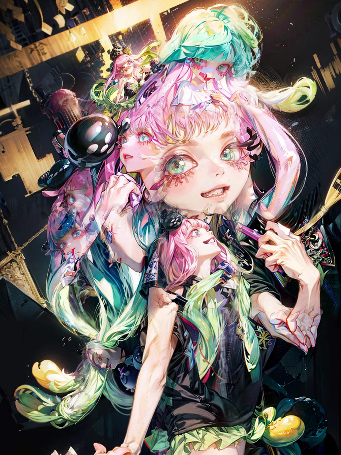 8k, wallpaper, masterpiece, high resolution, top quality, top quality real texture skin, surrealistic,increase resolution, RAW Photo , BEST QUALITY, very detailed, 1,inkling hair , black t-shirt 、 viewers 、 no background 、 green skirt、 anatomically correct, Masterpiece, top quality, cute, big eyes, smiles, mouth、 When drawing hands, draw your hands accurately