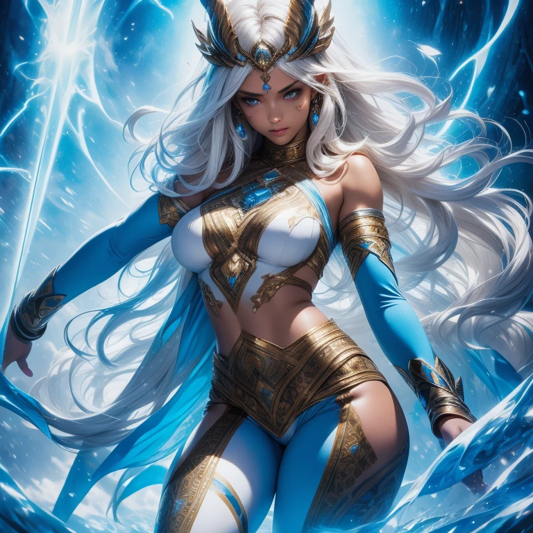 The most beautiful and sexy storm goddess, Beautiful long white hair, Glowing neon blue eyes, Wearing very fine white battle armor, Delicate water splashes form magical flowers, Lots of tattoos and piercings, Form the most powerful、Most destructive thunderstorms, Checkered background, Perfect masterpiece, high quality, high resolution。