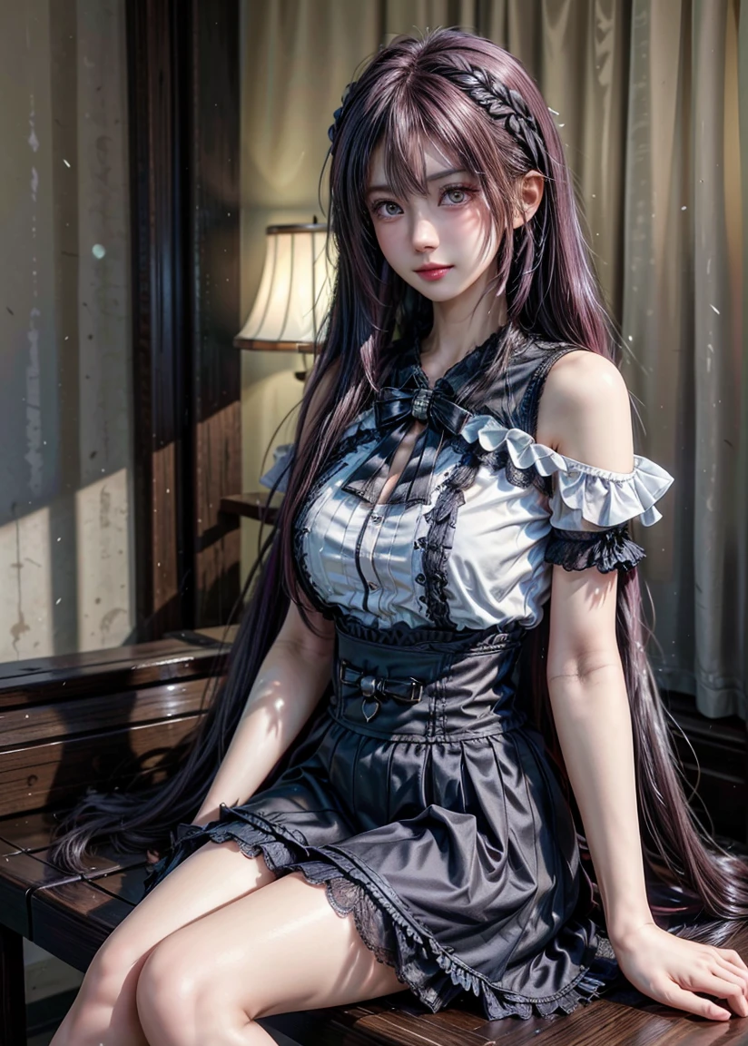 (((highest quality, masterpiece, Ultra high definition, Anatomically correct, 16k, Ultra-high resolution, Very realistic photos))), woman, 14 years old, (((Chiffon puff sleeve shocking pink dress))), (((Long black hair with loose curls))), (((very thick bangs))), (((Very large elongated eyes, Dazzling, jewel-like dark grey eyes, Long eyelashes, Thin Nose, Small Mouth, Thin lips, No makeup, Clear, radiant skin without blemishes))), Highly detailed background, Sit at the stylish antique bar counter. (((Tight waist))), ((Big Breasts)),(See-through)