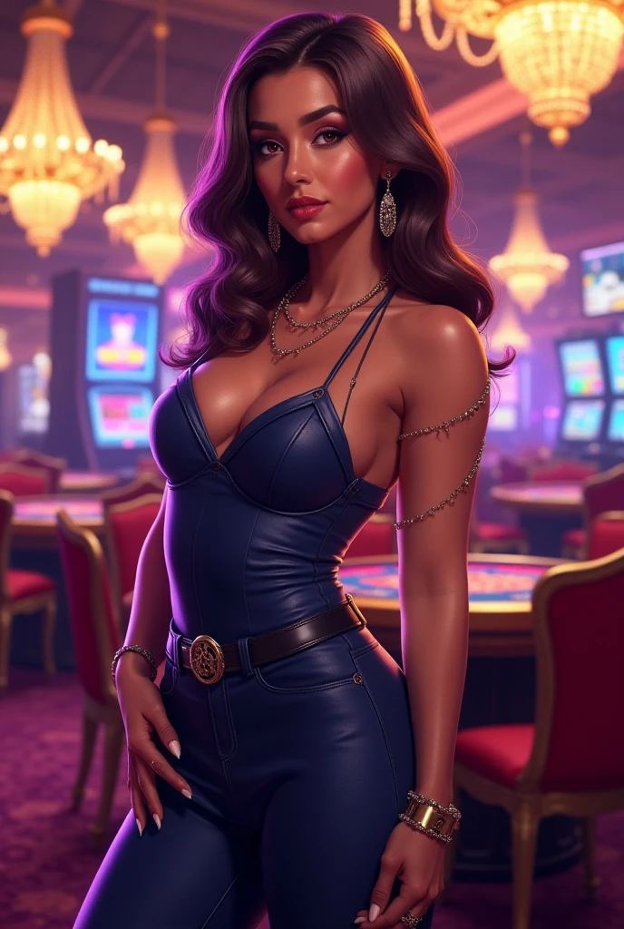 8k, Best Quality, (Beauty), High Definition, Realistic, Real Person, Jackpot at Slot Machine, Guts Pose, Smiling, Screaming, One Young Pretty Girl, Glossy Enamel Shorts, T-shirt Short Enough to Make Your Stomach, Short Leather Jacket, (Wearing a lot of fancy accessories))