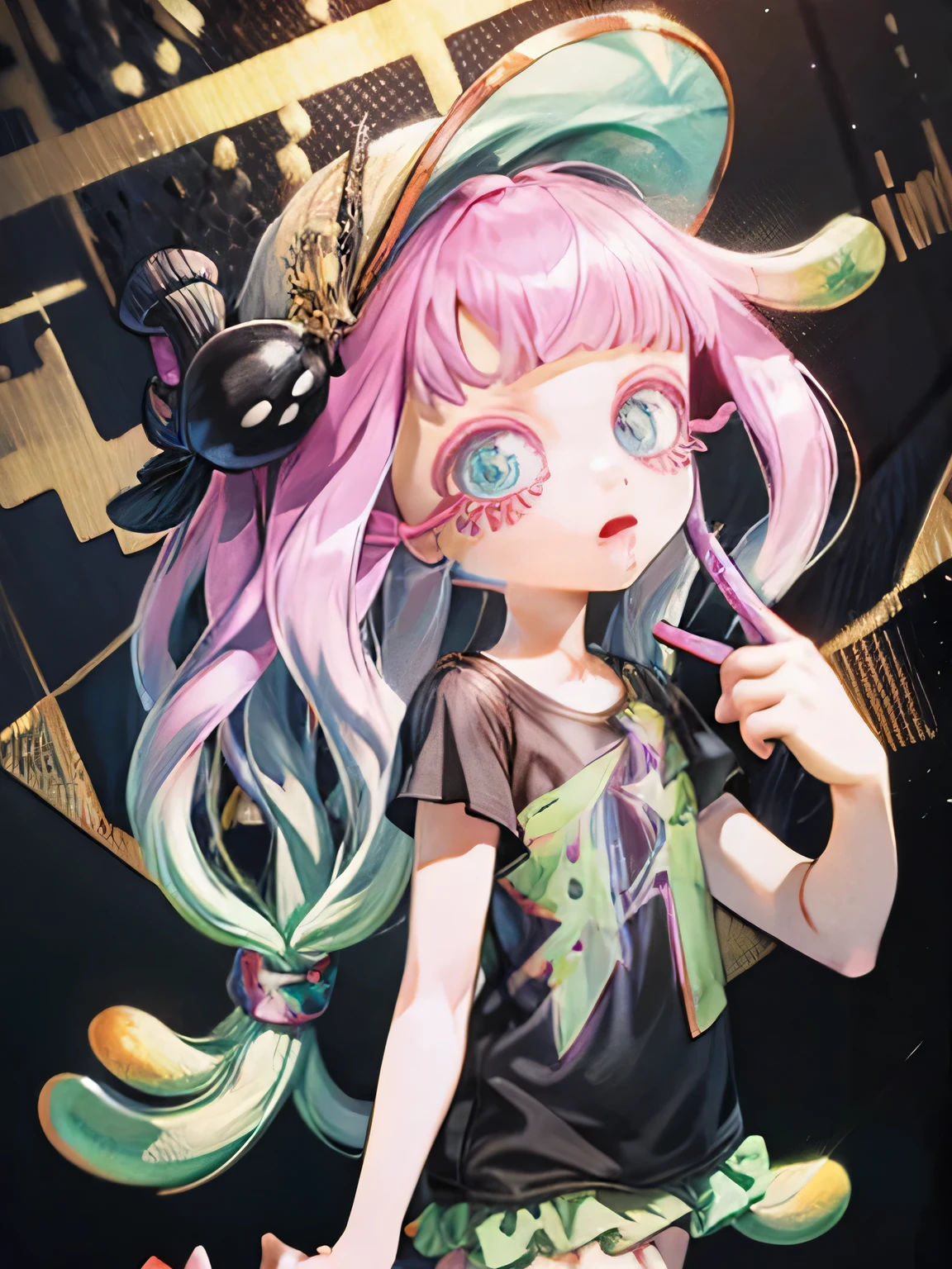 8k, wallpaper, ​masterpiece, high resolution, top quality, top quality real texture skin, surrealistic,increase resolution, RAW Photo , BEST QUALITY, very detailed, 1,inkling hair  ,  black t-shirt  、    viewers 、  no background 、 green skirt、 anatomically correct,  Masterpiece,  top quality,  cute,  big eyes,  smiles, mouth、 When drawing hands, draw your hands accurately
