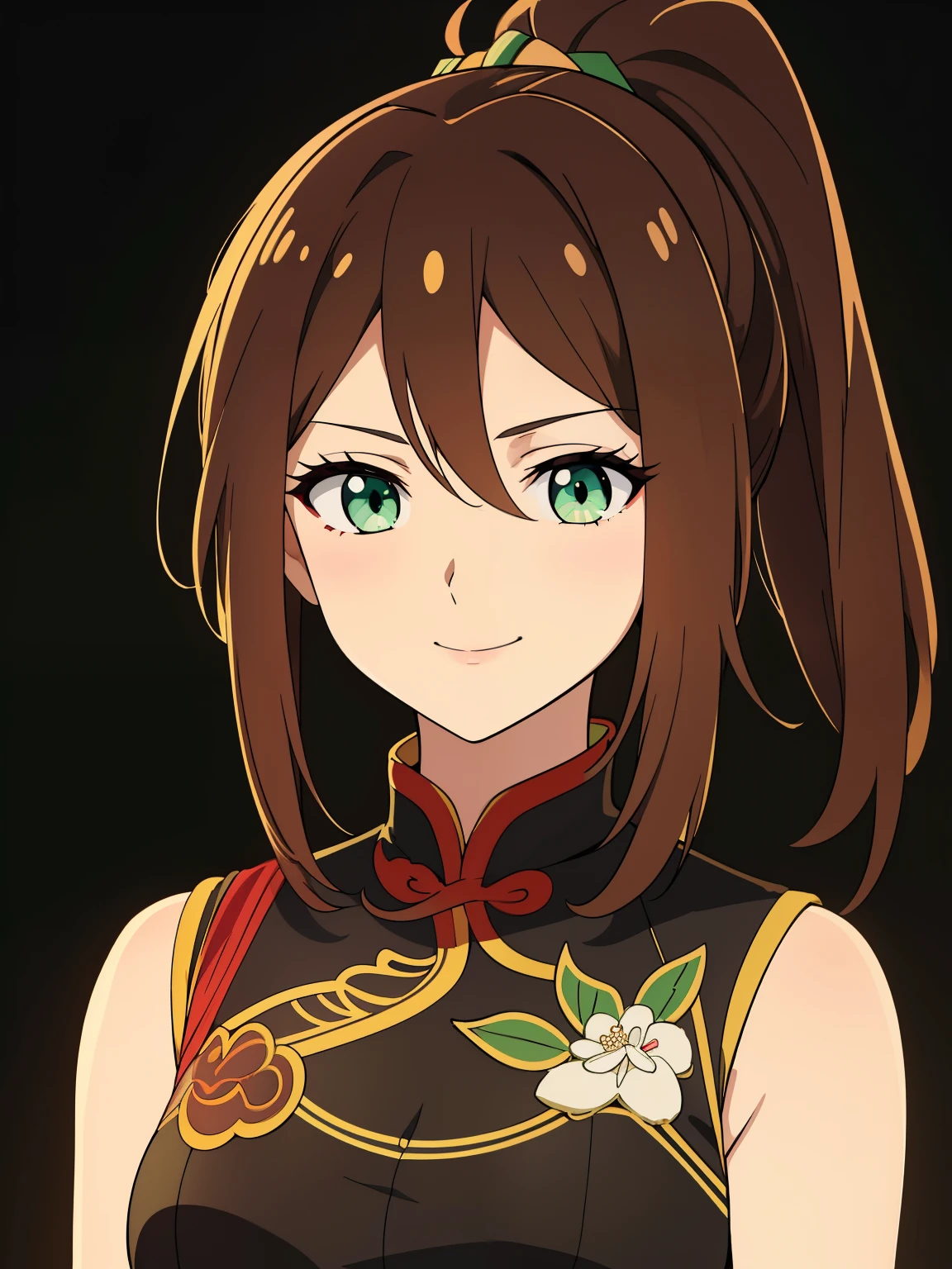 (high-quality, breathtaking),(expressive eyes, perfect face) 1girl, female, solo, brown hair, medium hair length, green eyes, cute smile, positive expresion, Gundam artstyle, black background, portrait, symmetrical eyes, chinese clothes, sleeveless, ponytail, Embroidered dress, Long Qipao Dress, china dress, hair accessory, pin, 