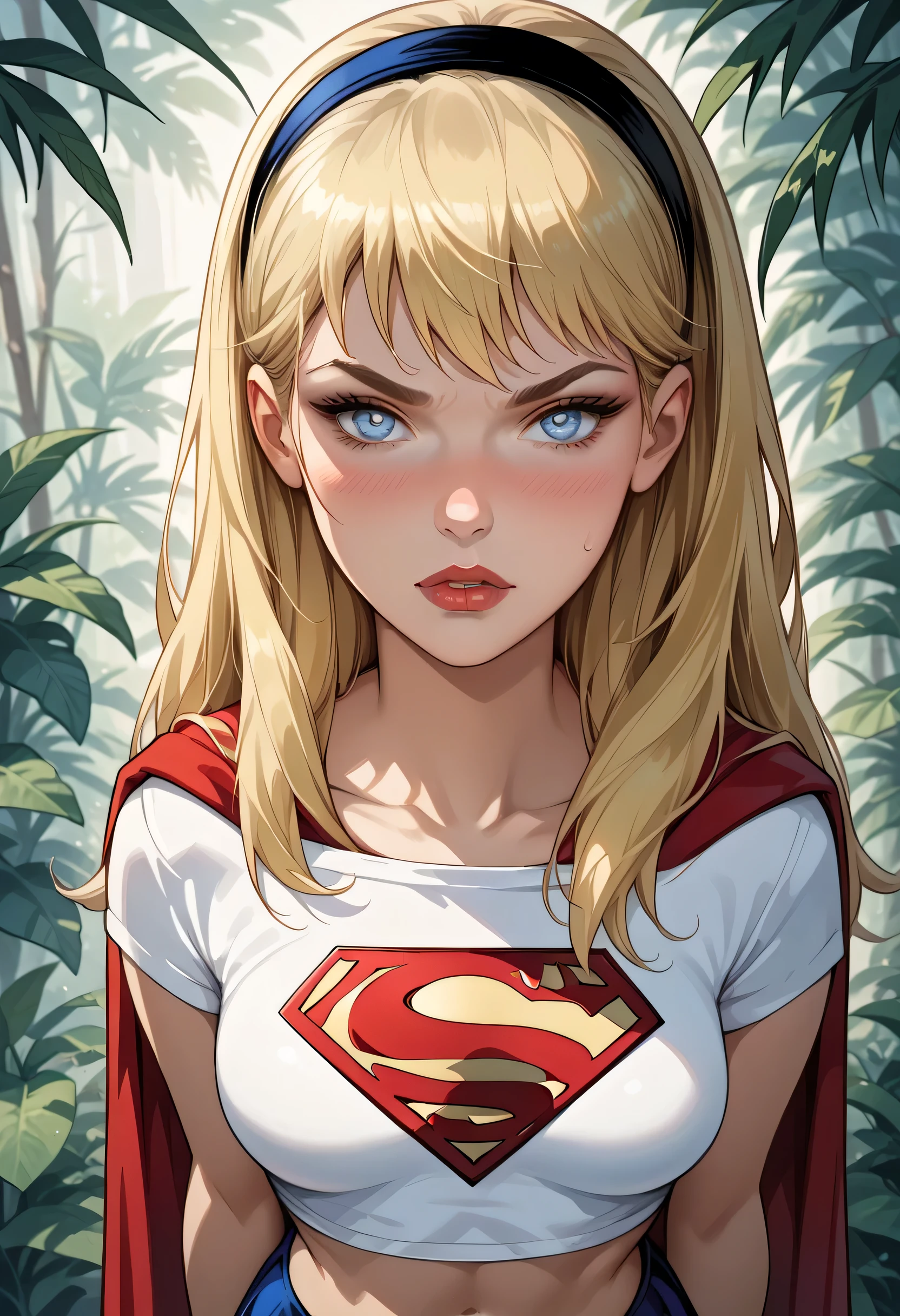 score_9, score_8_up, score_7_up, 1girl, (Supergirl, DC Comics, blonde hair, light blue eyes, long hair, hairband, :1.3), dressed (white shirt, cropped top, blue skirt, cape:1. 2), midriff, looking at viewer, pov, blush, hetero, standing, breasts, lush breasts, parted lips, detailed eyes, detailed face, detailed face, focus on face, simple background, lust, aroused,