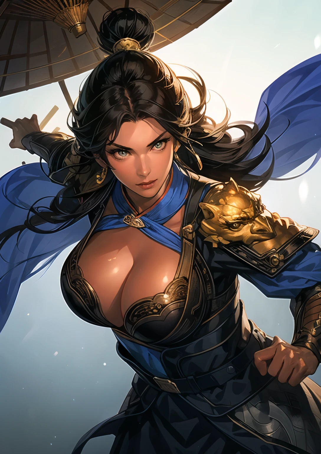 close up shot of a woman in a silver and blue dress, silver armor, large breasts, cleavage, chengwei pan on artstation, by Yang J, detailed fantasy art, stunning character art
