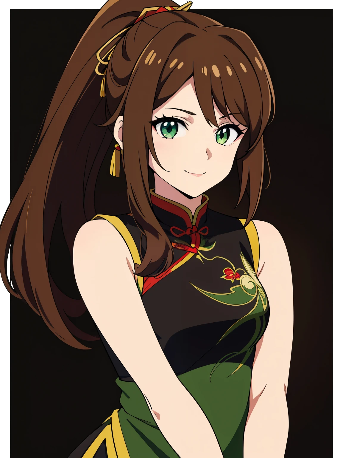 (high-quality, breathtaking),(expressive eyes, perfect face) 1girl, female, solo, brown hair, medium hair length, green eyes, cute smile, positive expresion, Gundam artstyle, black background, portrait, symmetrical eyes, chinese clothes, sleeveless, ponytail, Embroidered dress, Long Qipao Dress, china dress, hair accessory, hair pin,