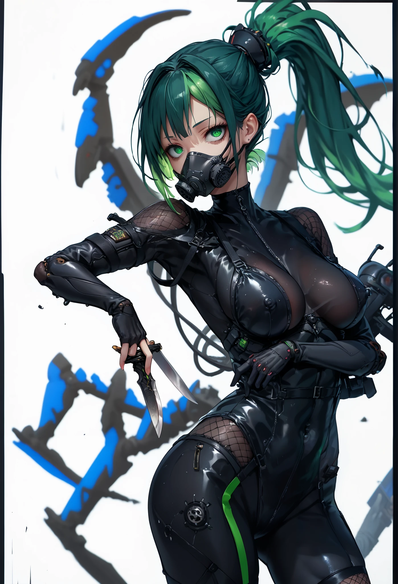 1 woman. Woman fused with a spider. Black riding suit. Latex. Green hair. Ponytail hair. Sanpaku eyes. Squinched eyes. Eye shadow. Bionic gas mask covers the mouth. Dagger knife. Mechanical whip. Breasts perky. Fishnet stocking. White background.