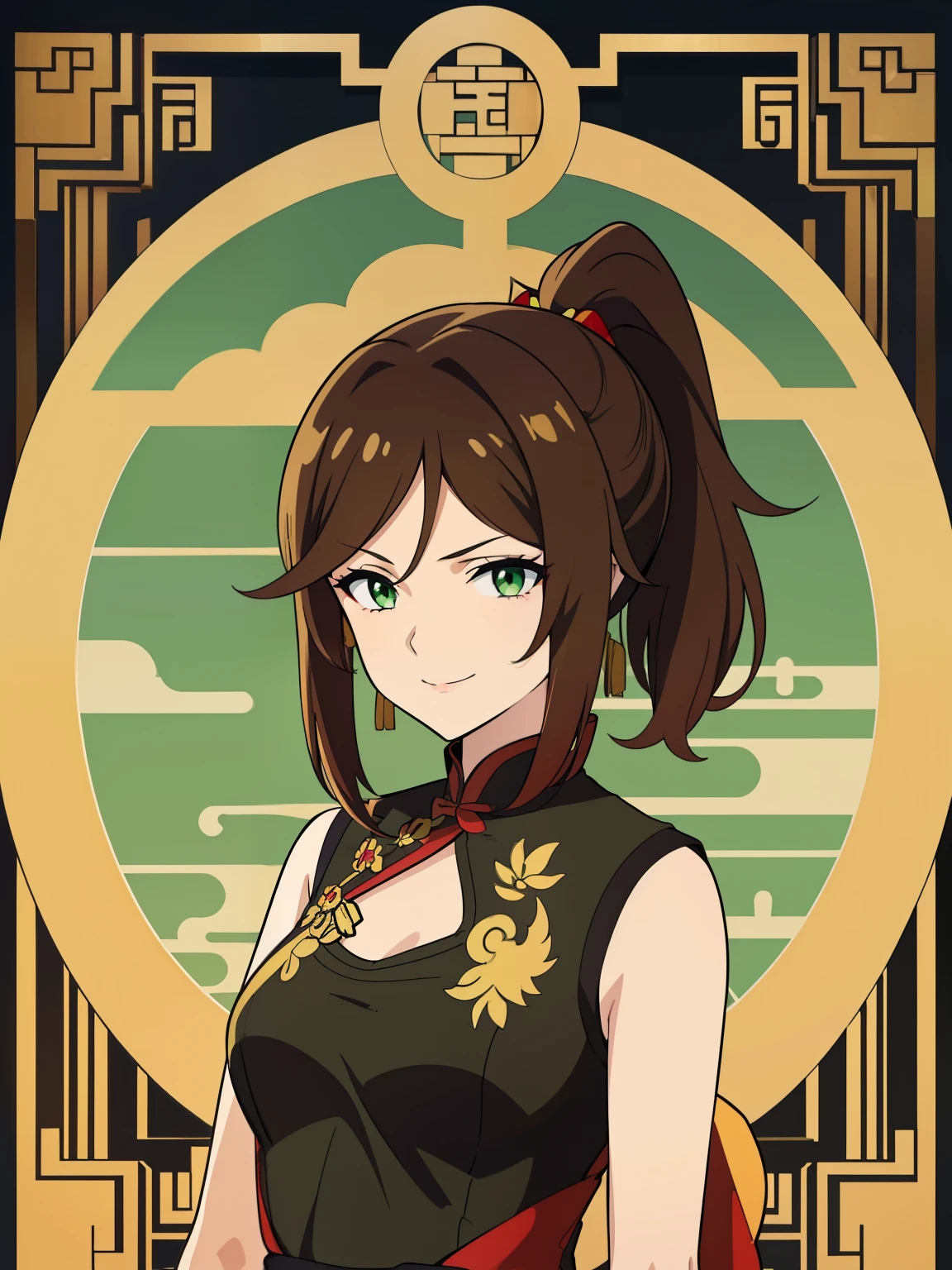 (high-quality, breathtaking),(expressive eyes, perfect face) 1girl, female, solo, brown hair, medium hair length, green eyes, cute smile, positive expresion, Gundam artstyle, black background, portrait, symmetrical eyes, chinese clothes, sleeveless, ponytail, Embroidered dress, Long Qipao Dress, china dress, hair accessory, hair pin,
