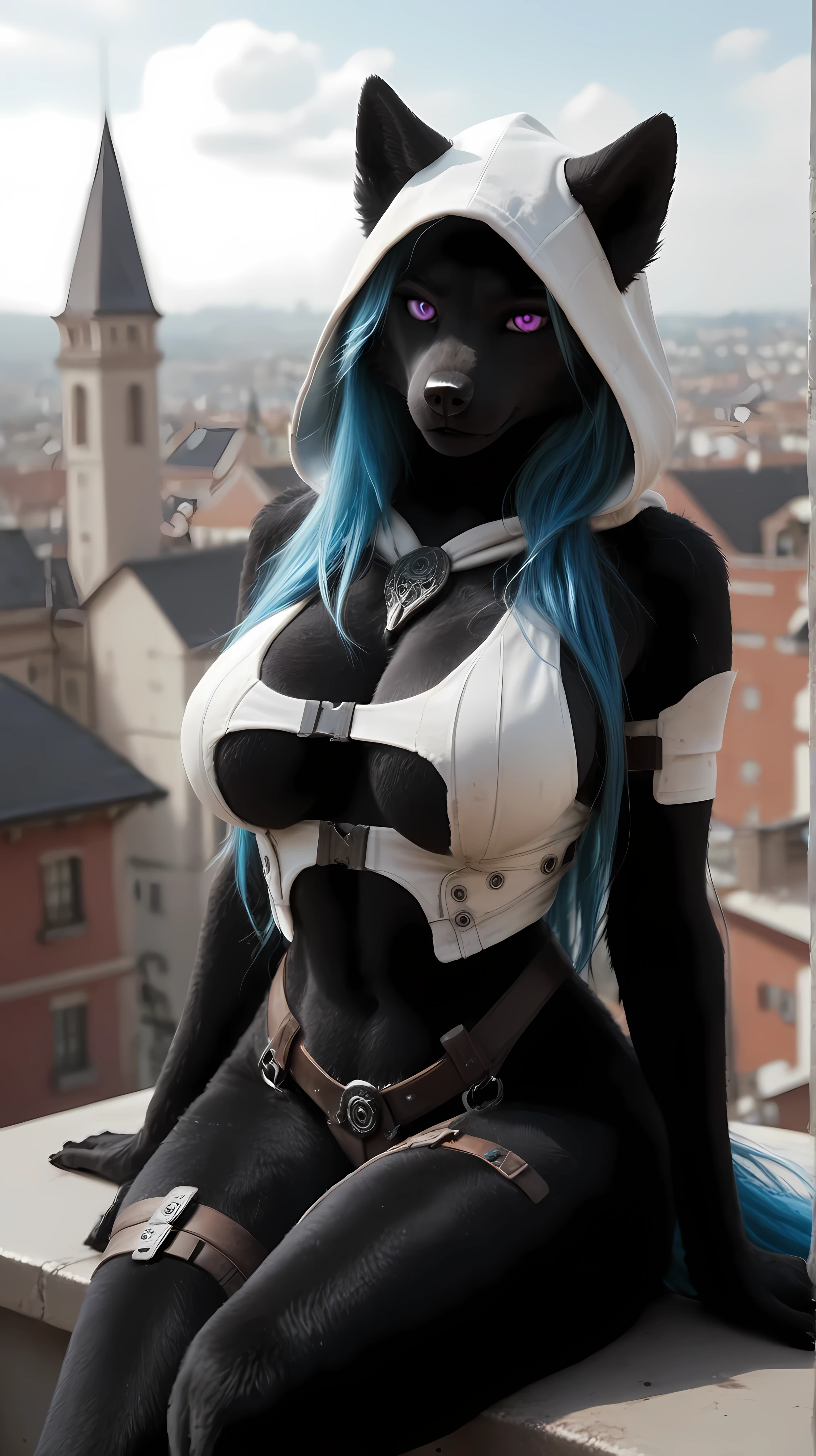 score_9, score_8_ upwards, score_7_ upwards, (one), anthropo , fluffy wolf , (black face , long hair, blue hair , bright purple eyes ), detailed illustration, ( view from the top ) Photoреалистичный, tall, Ultra high resolution, 8k, 4K, Photo, fluffy, anthropo морфный, (sexy white assassin costume, hood), (Sitting on the roof of a building ), (thin body, black body, black fur, black fur с детализацией меха, big breasts, big hips).