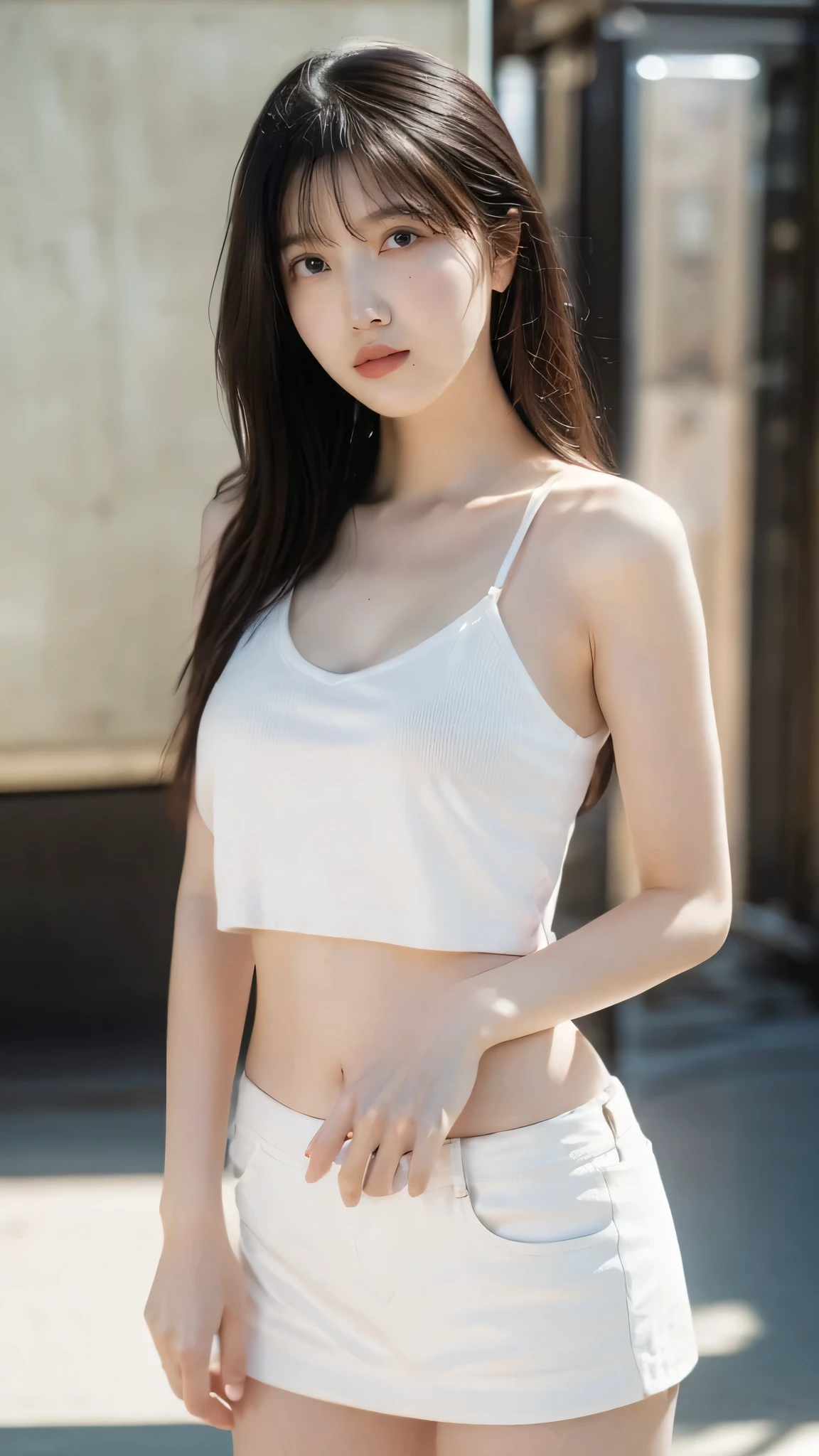 (( 1 girl)), woman, Masterpiece, top quality, top quality, cinematic lighting , (Volumetric Lighting), extremely detailed CG unity 8k wallpaper, Concentrated, 8k wallpaper, extremely detailed, super real, photorealistic, sharp concentration, is ridiculous, ( high resolution:1.2), ( high contrast), photos, detailed and complicated, Instagram , portrait , very detailed, Natalia Fabia , ART STATION, concept art, smooth, sharp concentration, illustration , cinematic lighting , ( big breasts:1.2), ((( skinny, thin legs))), ( Wearing the posture of a Japanese idol ), ( knit strap tank top, mini skirt, open shoulders, open, Chest), watching the viewer , (Indian Pose), ((Medium body shot , Hip Level Shots )), long hair, Crossed legs