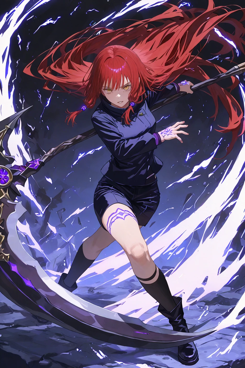 A sorcerer woman with crimson red hair and eyes standing, dark purple magic around him, magic from hands, black robe.