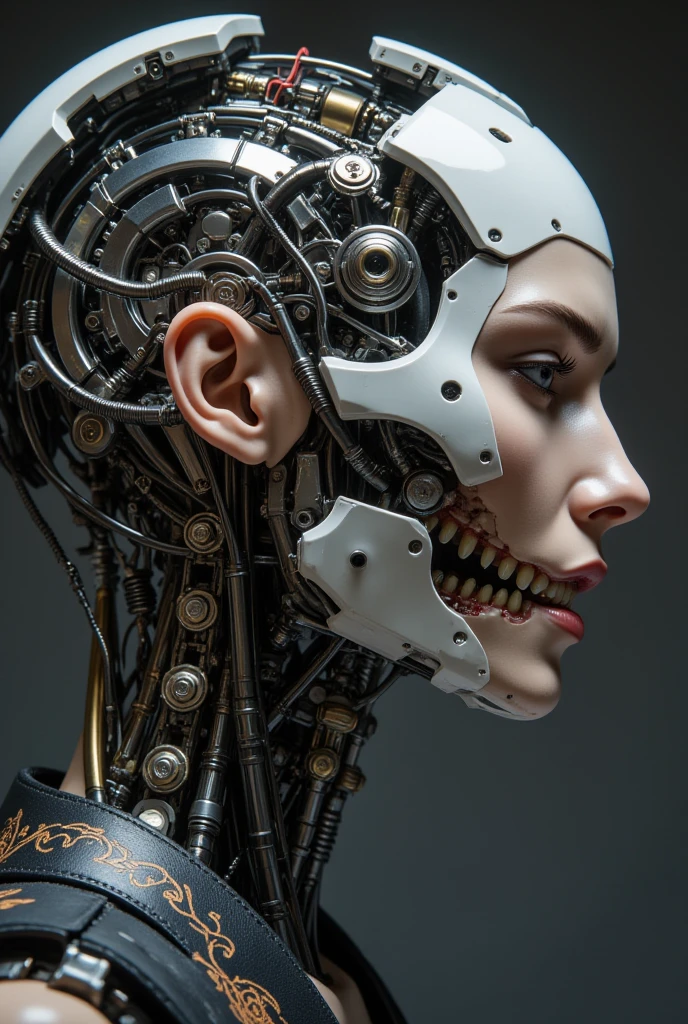 A detailed portrait of a cyborg woman in profile, her face partially exposed, under the skin, the exoskeleton of the skull and cervical spine is visible. The connections of incredibly complex micromotors and servos responsible for the movements of facial muscles and the expression of emotions are visible with the bones and muscles of the skull. She has a ferocious expression on her face, and her teeth are bared, the whole lower jaw is a continuous symbiosis of organics with mechanics. She is dressed in dark, ornate kimono-style clothing. The background is simple, dark gray. High detail, 8k resolution, cinematic lighting, hyperrealism - all this is trending on artstation