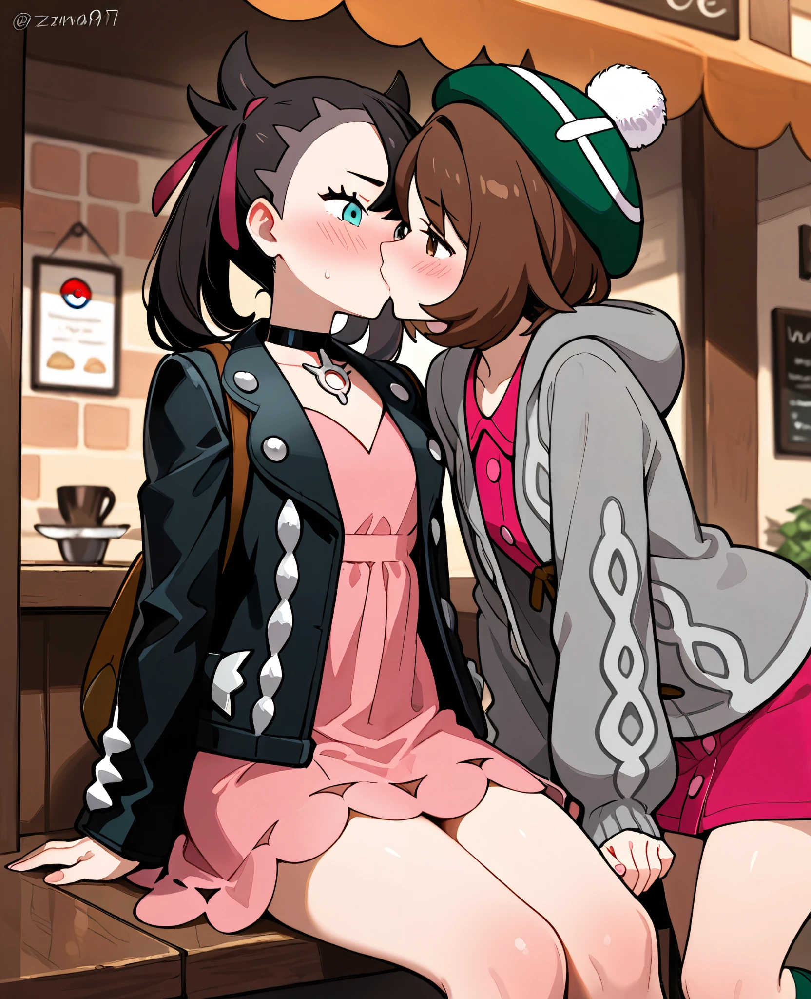 score_9, score_8_up, score_7_up, masterpiece, high quality, best quality, expressive eyes, perfect face, 2girls, zzMarnie, aqua eyes, black choker, red ribbon, pink dress, jewelry, black jacket, open clothes, long sleeves, Gloria (pokemon), brown hair, brown eyes, grey cardigan, hooded cardigan, cable knit, pink dress, green socks, long sleeves, collared dress, kiss, passionate, lust, horny, sitting, cafe, street, blush, upper body, curvy