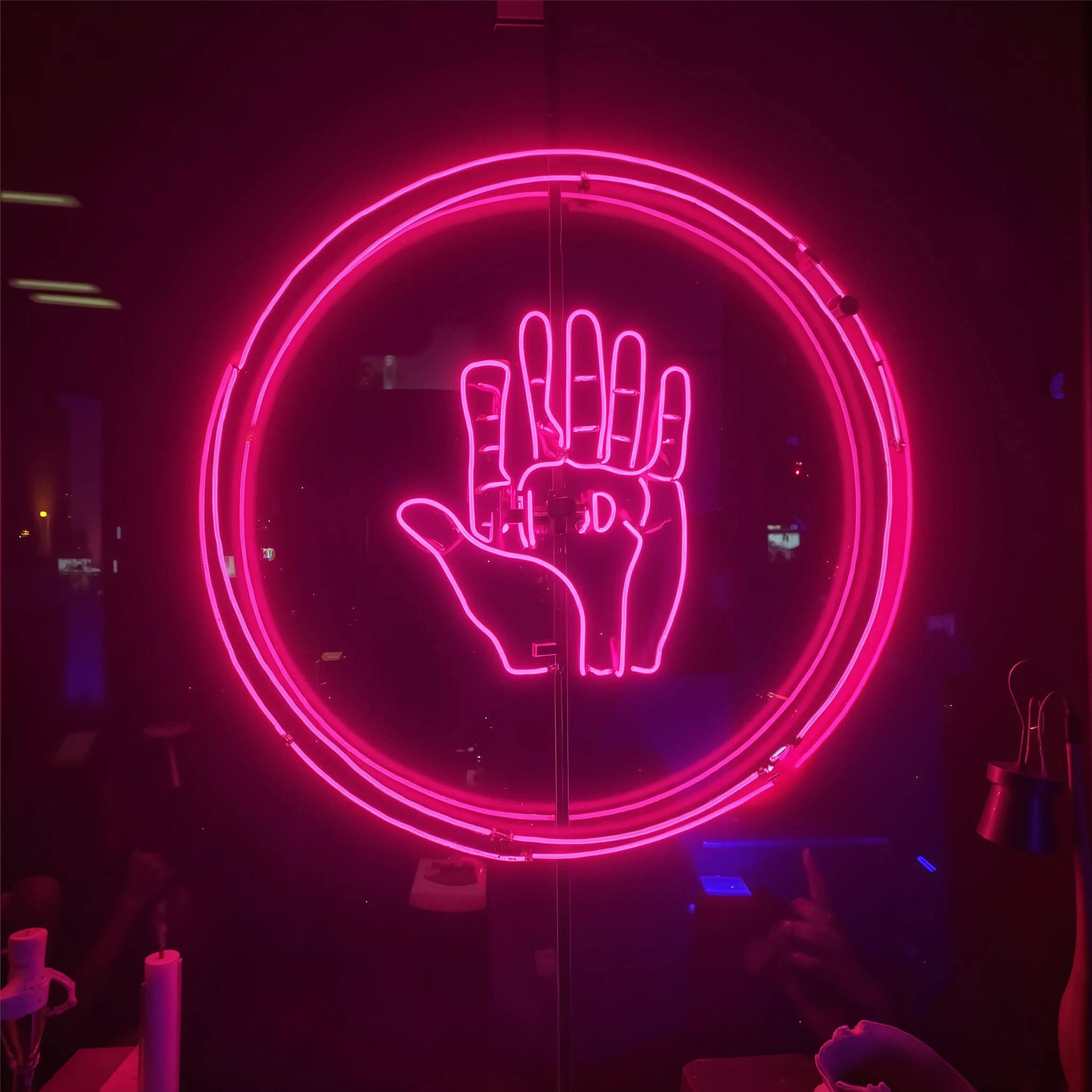 pink neon light logo for rockband with the initials TDA, and neon signs of sexy women, palms, drinks, friends,
