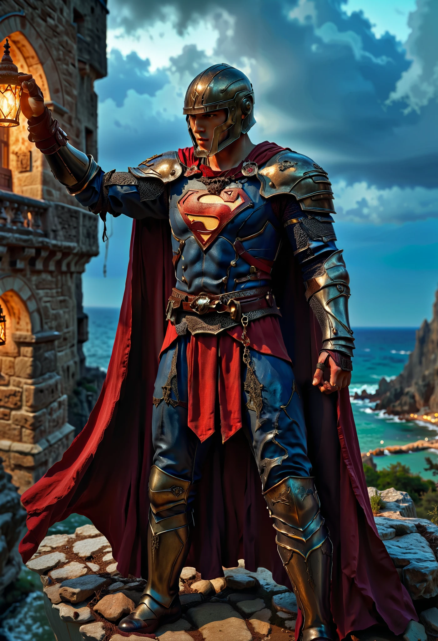 safe_pos, (score_9, score_8_up:1.1), score_7_up, photorealistic, (superman) as a knight in medieval times wearing arm0rs3nt1n3l (dark-metallic-armor) belt, hand up, necklace shoulder armor, gauntlets, pendant, pauldrons, breastplate spartan-helmet spikes knight, full armor plate armor, chainmail (nighttime) outside on cliff castle in background lightning flowing cape cowboy-shot low-angle, confident-pose intense-stare, absurdres, masterpiece,, Expressiveh, flux-style ((masterpiece, Highest quality, Best image quality, High resolution, Realistic, RAW Photos, 8k, Highly detailed)) 4lch3my_l4b CyberRealistic_Negative_PONY