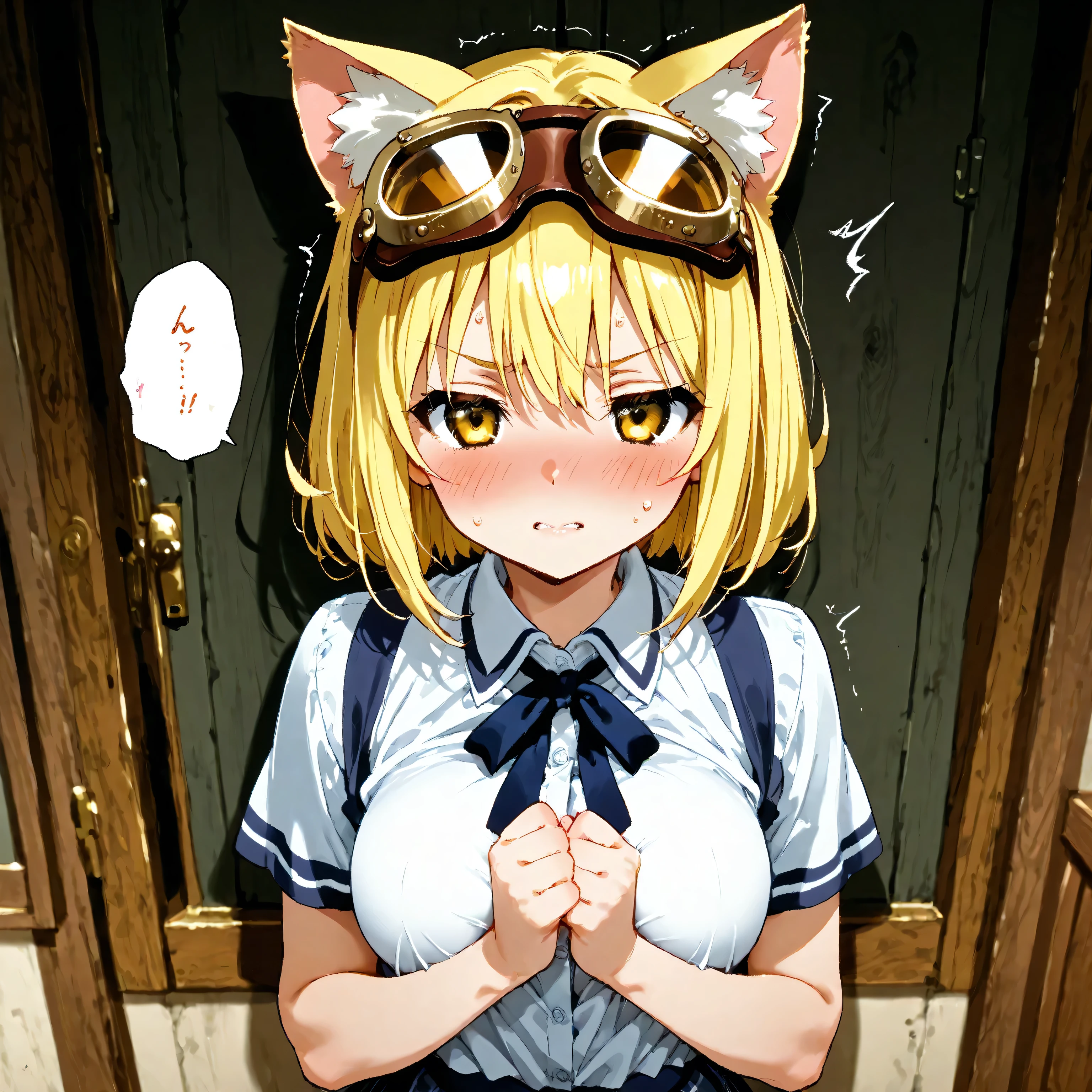 One girl getting hit and getting damage , (Cat ears、 women in the world always wear goggles and cat ears), ( I'm wearing fine gold goggles on my head ), Greatest Masterpiece in History , Bold contours drawn with magic, beautifully deepened shadows , A fantastic and spectacular view of the world、Girls School Uniform、She closes her eyes due to the shock of being attacked, gets pleasure, and climaxes、Cross your hands in front of your chest and straighten your back