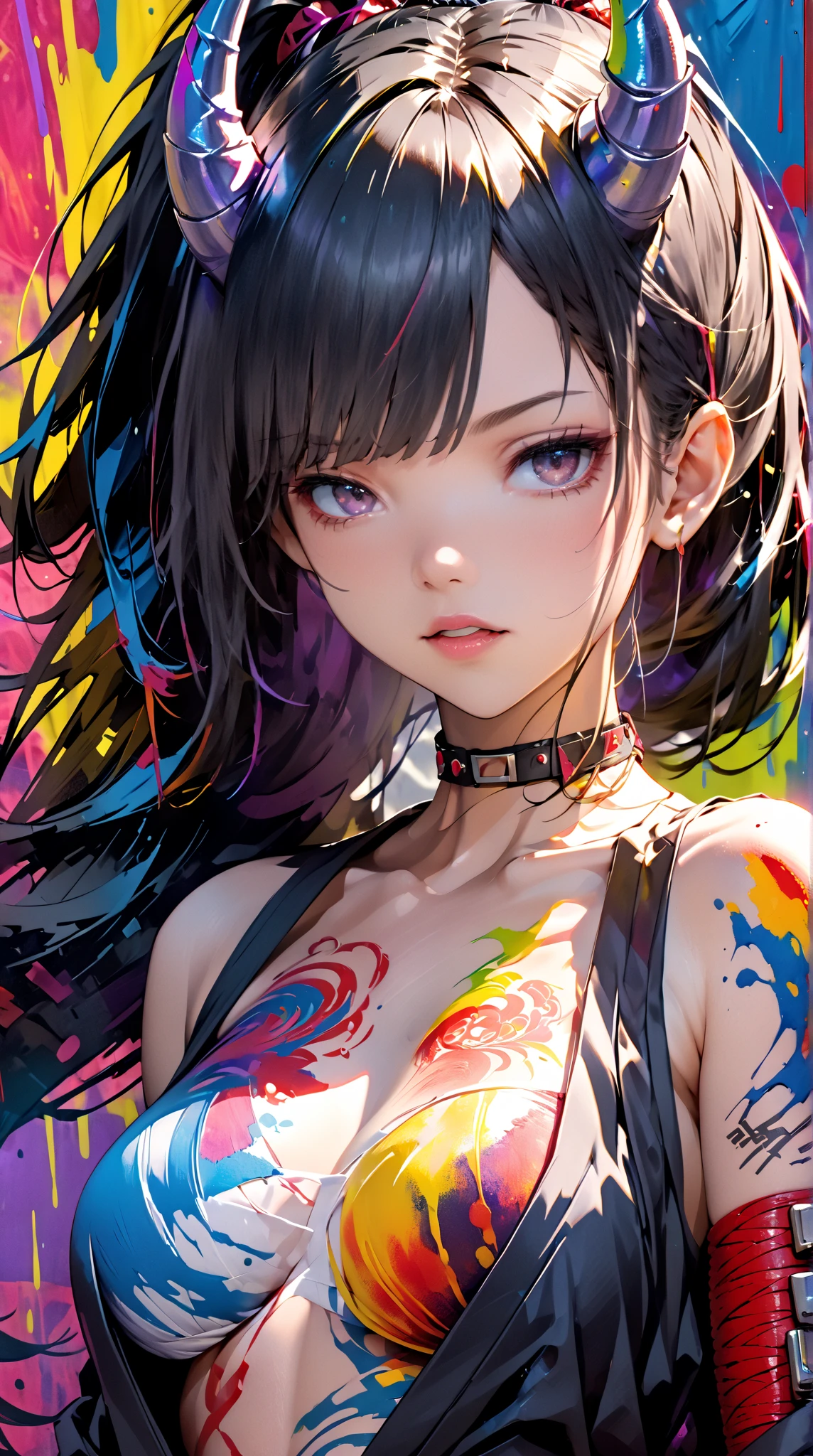 (masterpiece, highest quality, Official Art:1.2),(colorful),Looking at the audience,1 girl, I wore it, alone, floating colorful water、Black Hair、Long Hair、bangs、Perfect Proportions、Perfect beauty、Big Breasts