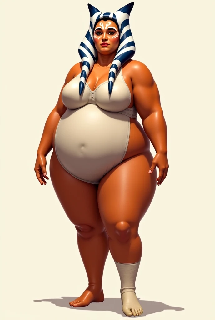 ahsoka_tano, orange skin, facial mark, tattoo, cute smile, beautiful eyes, wearing tactical style bikini, big , sexual, camel toe, thigh straps, sensual smile, bbw, plump, large belly, large breasts, large thighs, love handles, wide hips, weight gain,