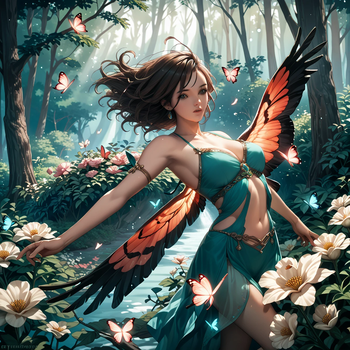 A girl fell on another planet in a forest with blooming trees, glowing butterflies and floating fairies; --auto